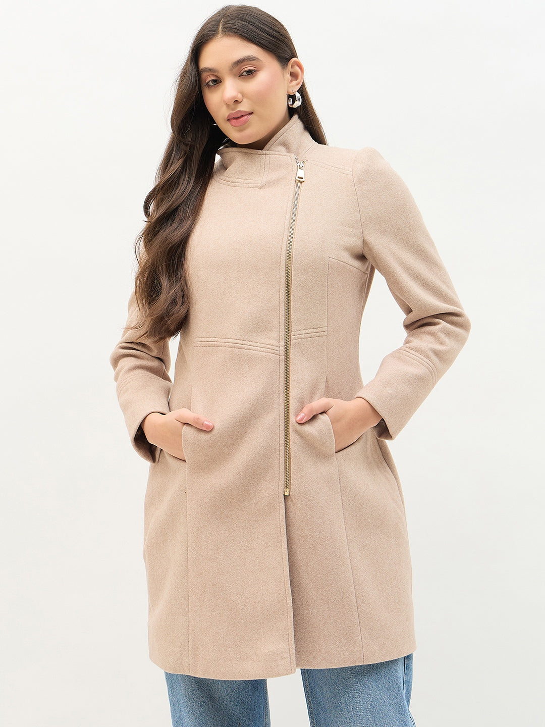 Madame Faux Fur Neckline Beige Long Coat