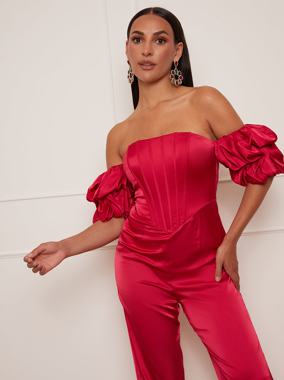 Petite Bardot Corset Style Jumpsuit in Pink