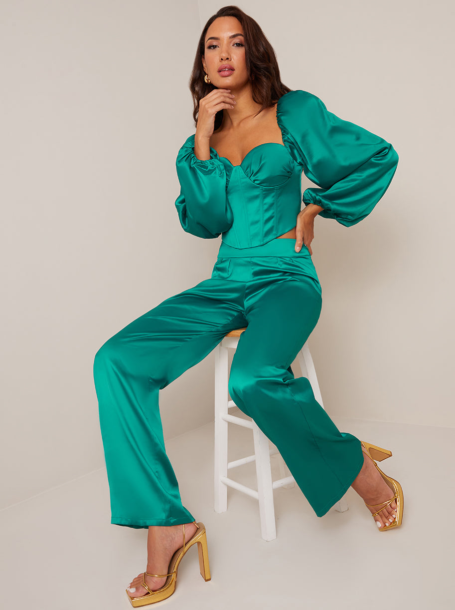 Satin Wide Leg Trousers in Green