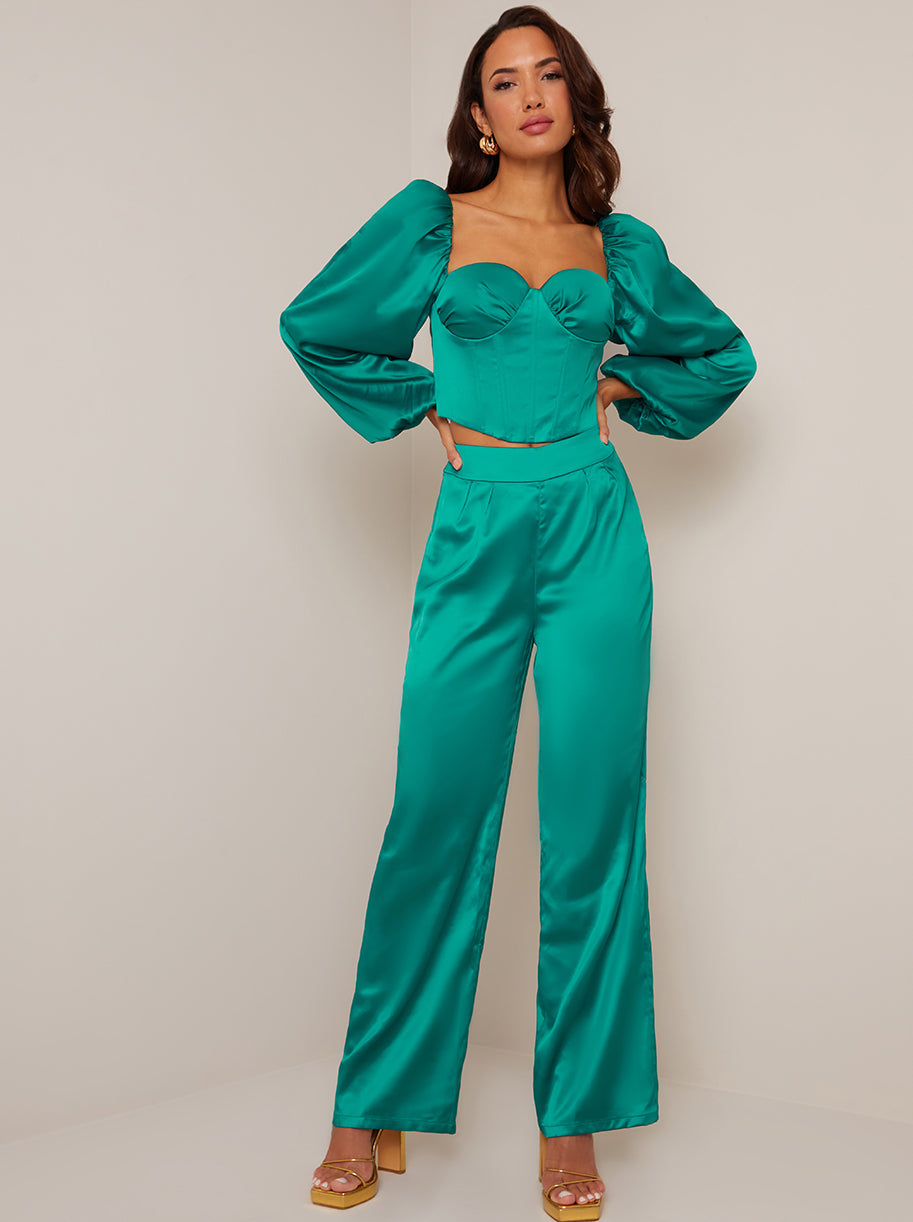 Satin Wide Leg Trousers in Green