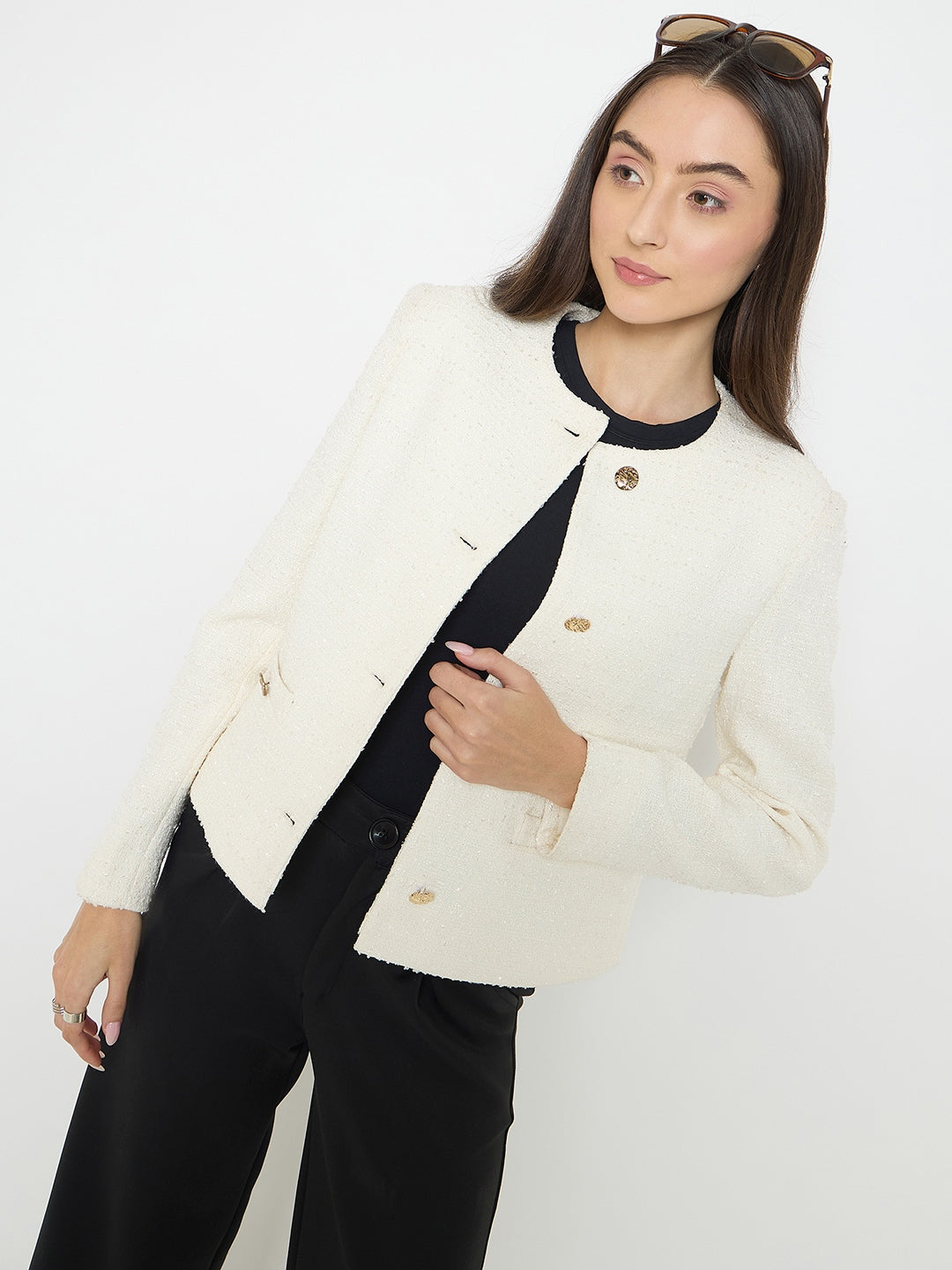 Madame Round Neck Off White Tweed Coat