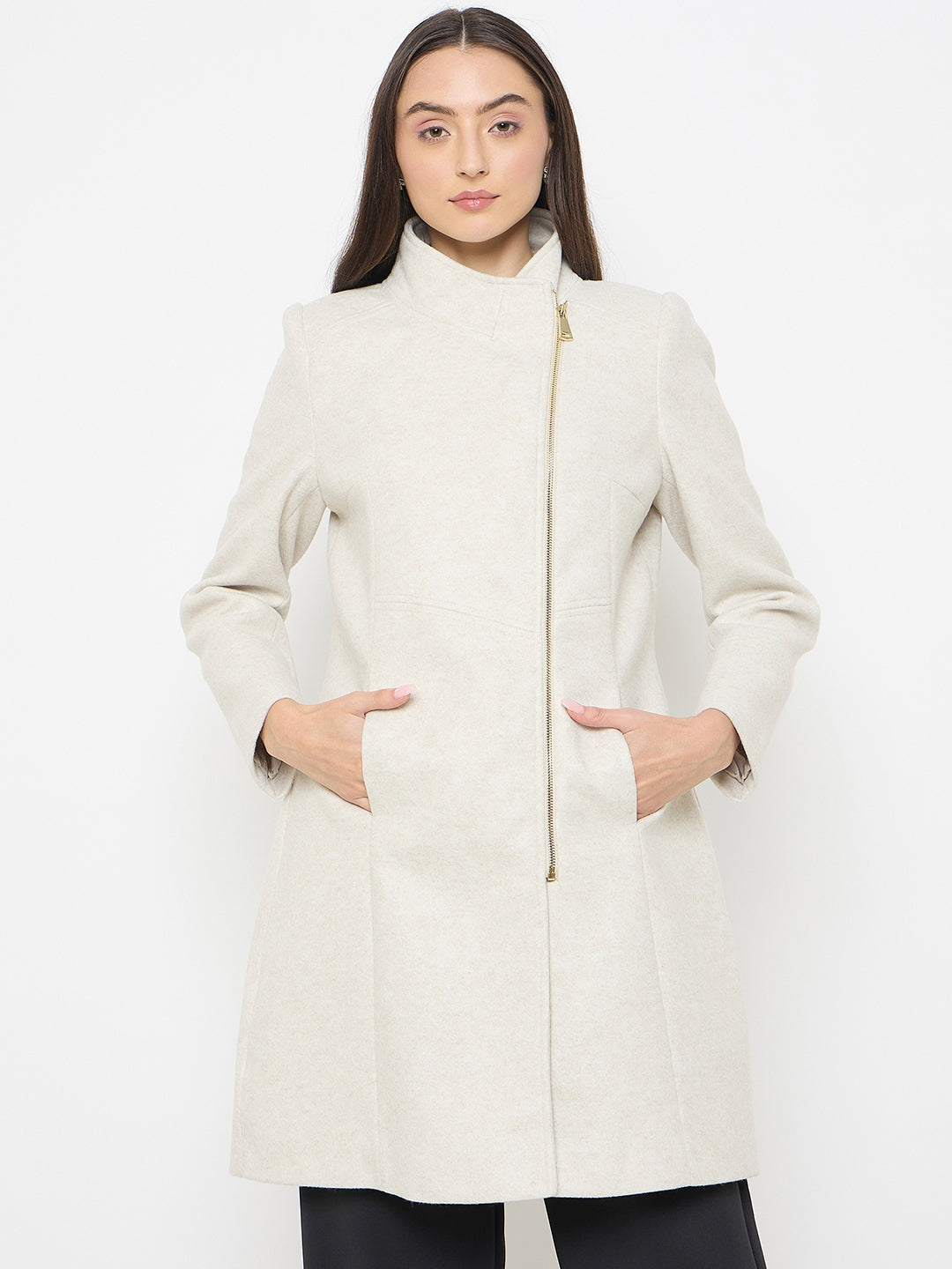Madame Faux Fur Neckline Off White Long Coat