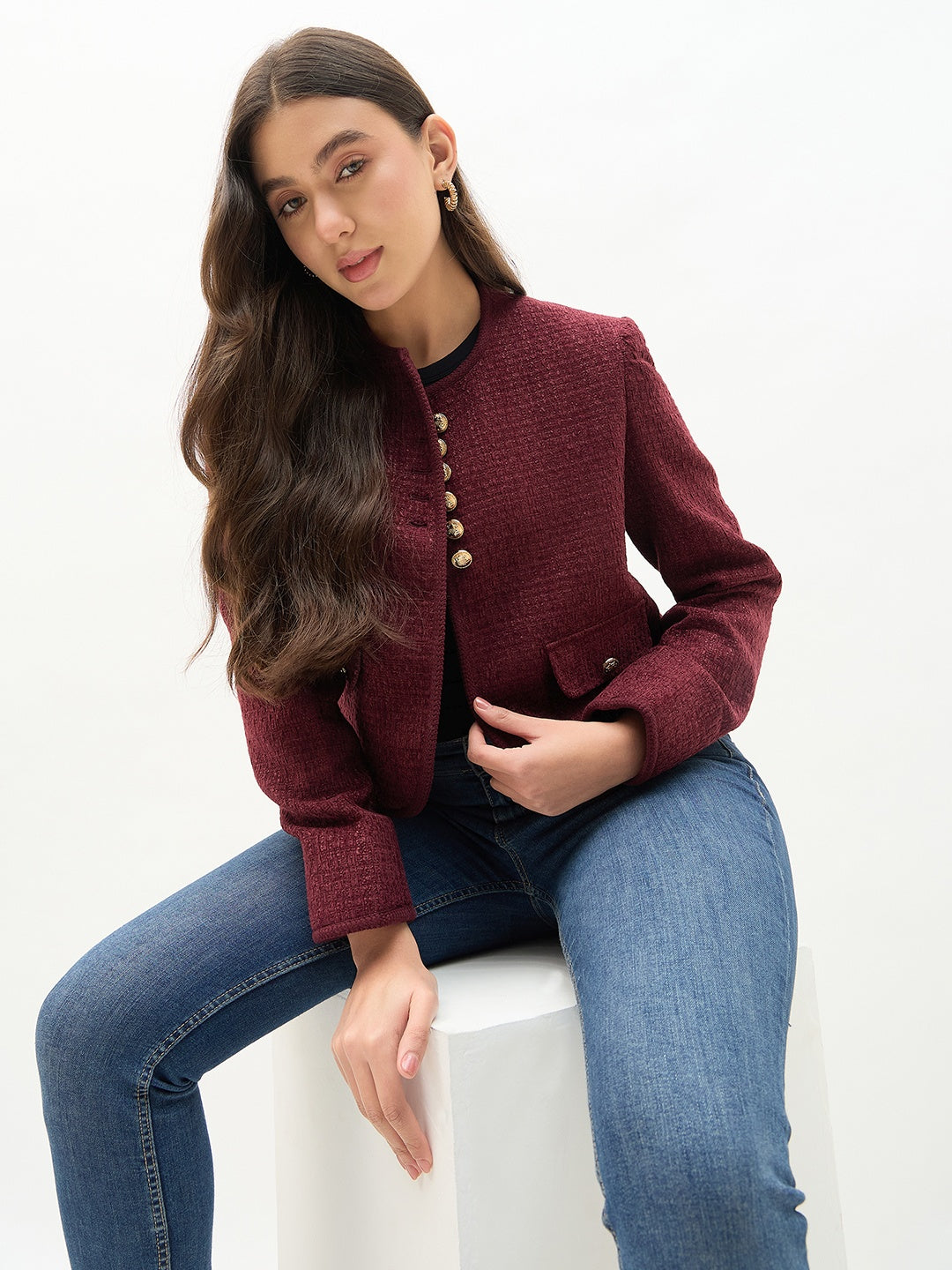 Madame Round Neck Embellished Maroon Blazer