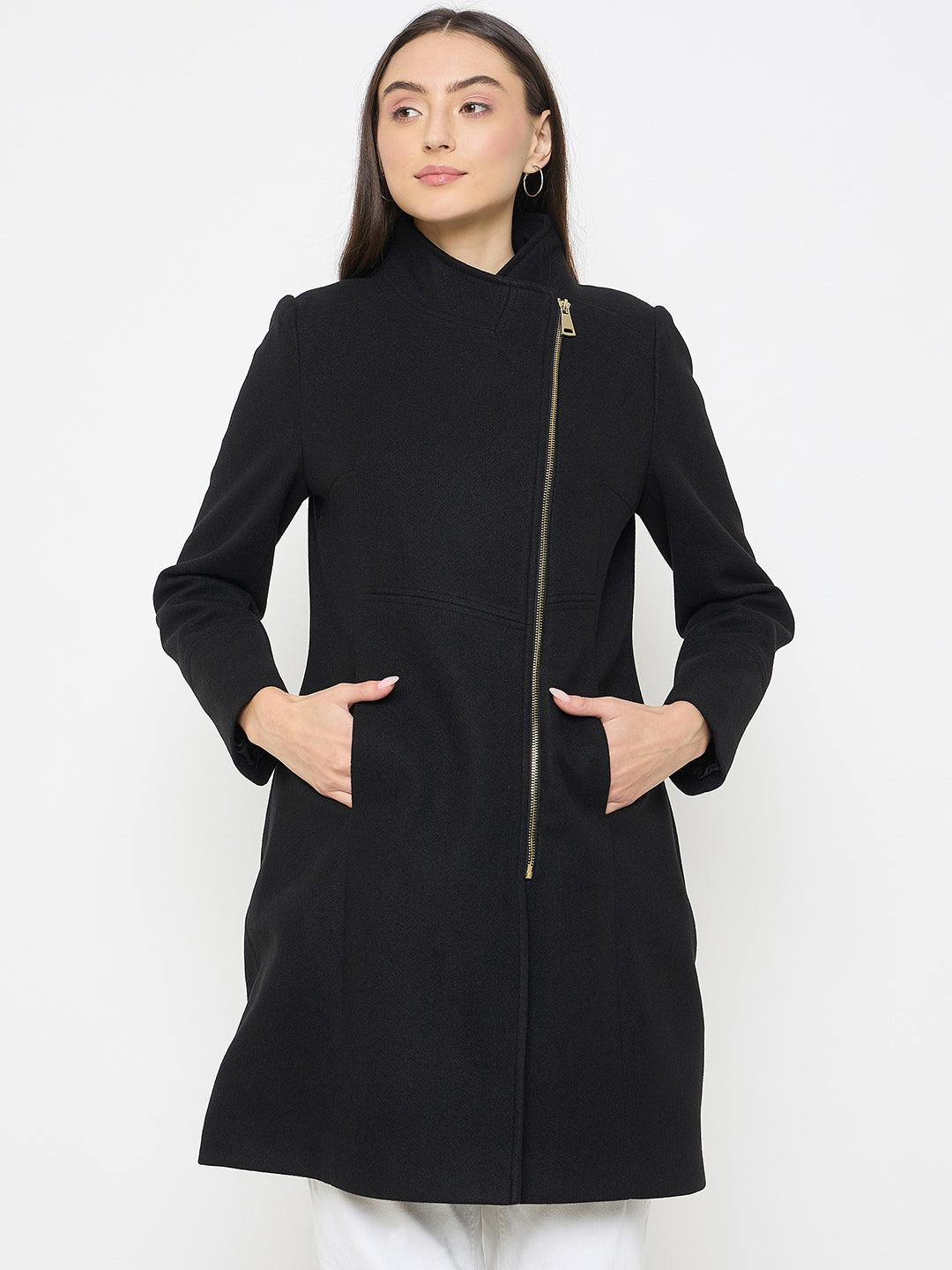 Madame Faux Fur Collar Black Long Coat