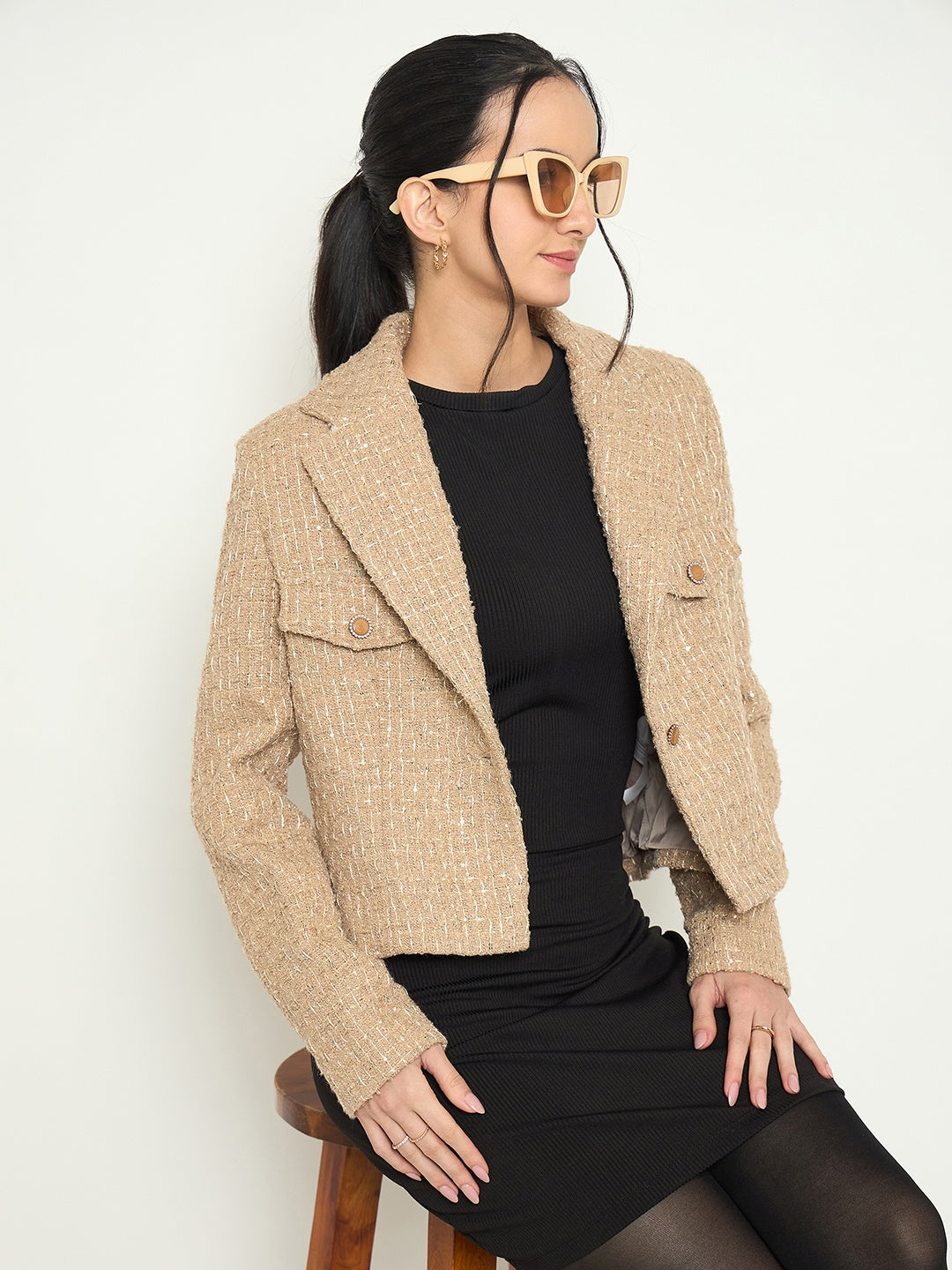 Madame Front Flap Pockets Textured Beige Blazer
