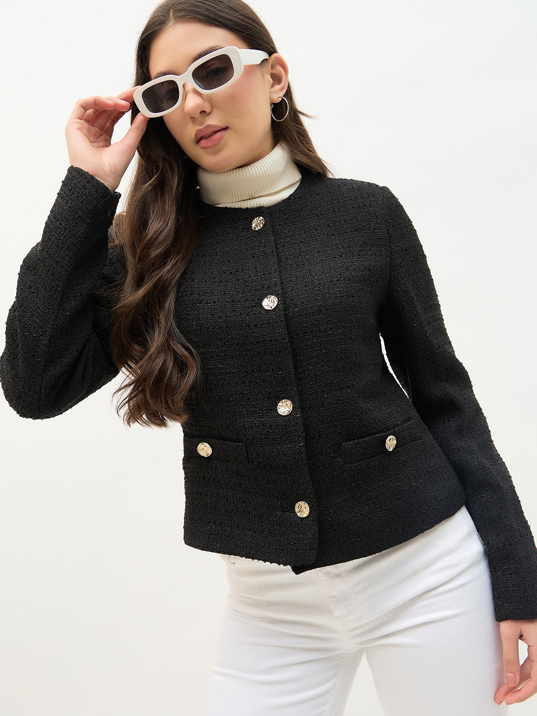 Madame Round Neck Black Textured Short Coat