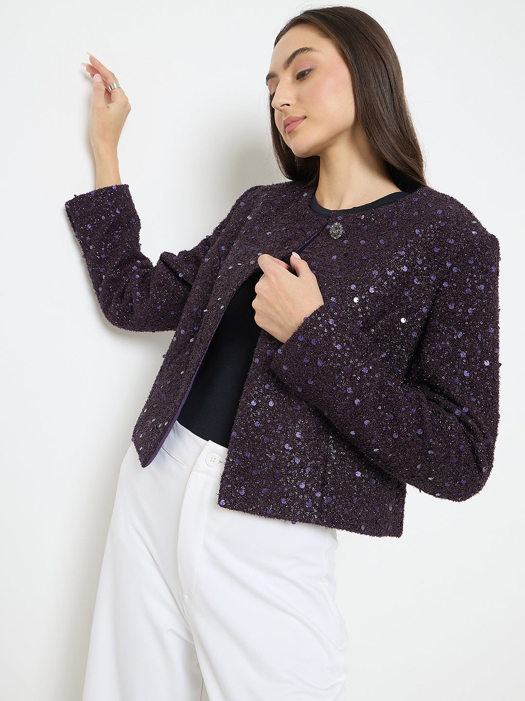Madame Round Neck Tweed Dark Purple Blazer