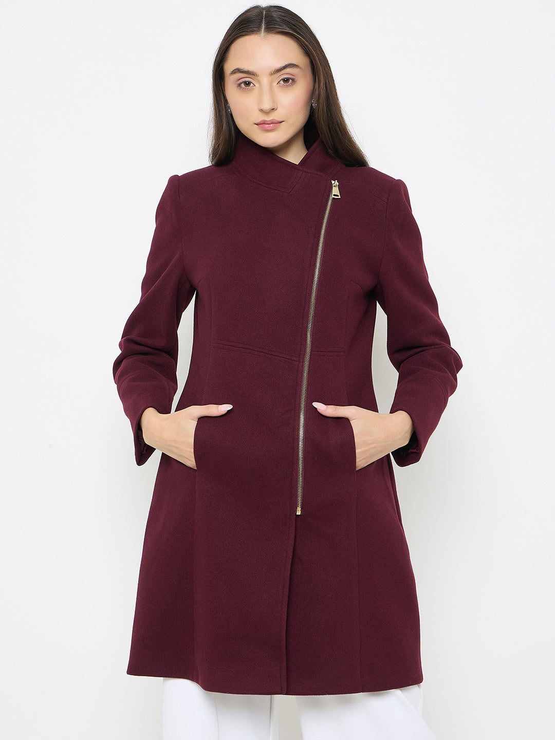 Madame Faux Fur Neckline Maroon Long Coat