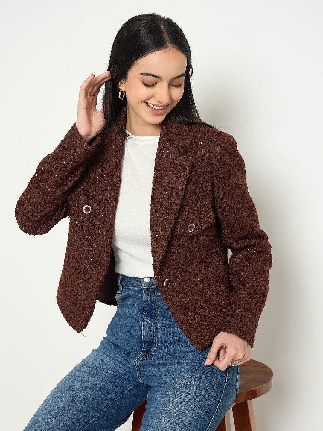 Madame Front Flap Pockets Textured Brown Blazer