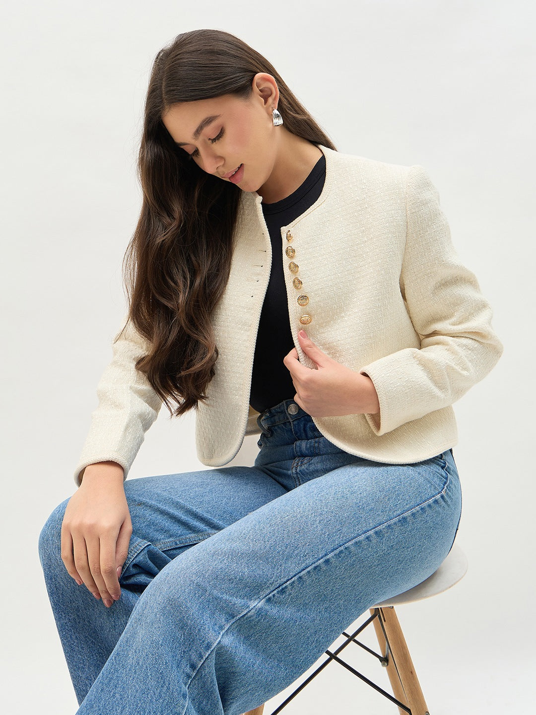 Madame Round Neck Embellished Off White Blazer