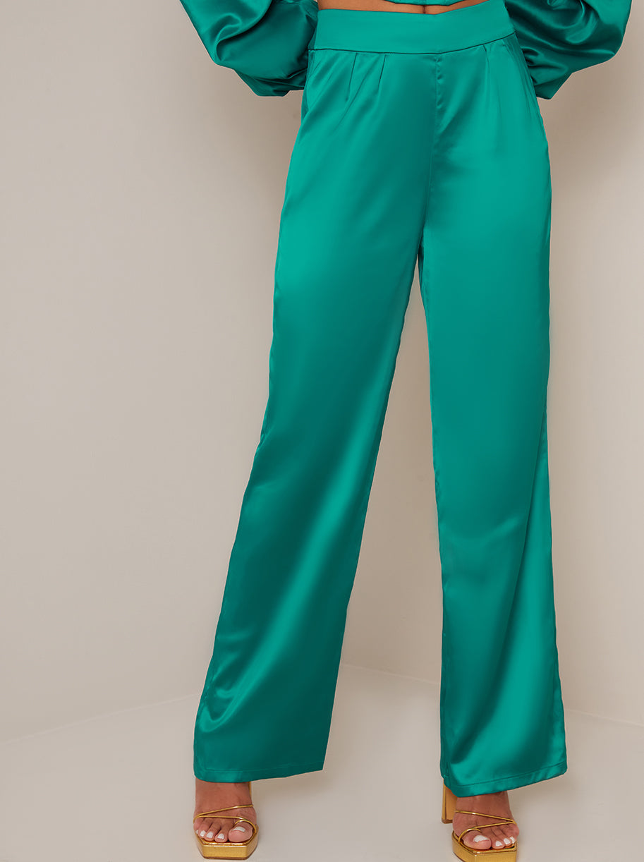 Satin Wide Leg Trousers in Green