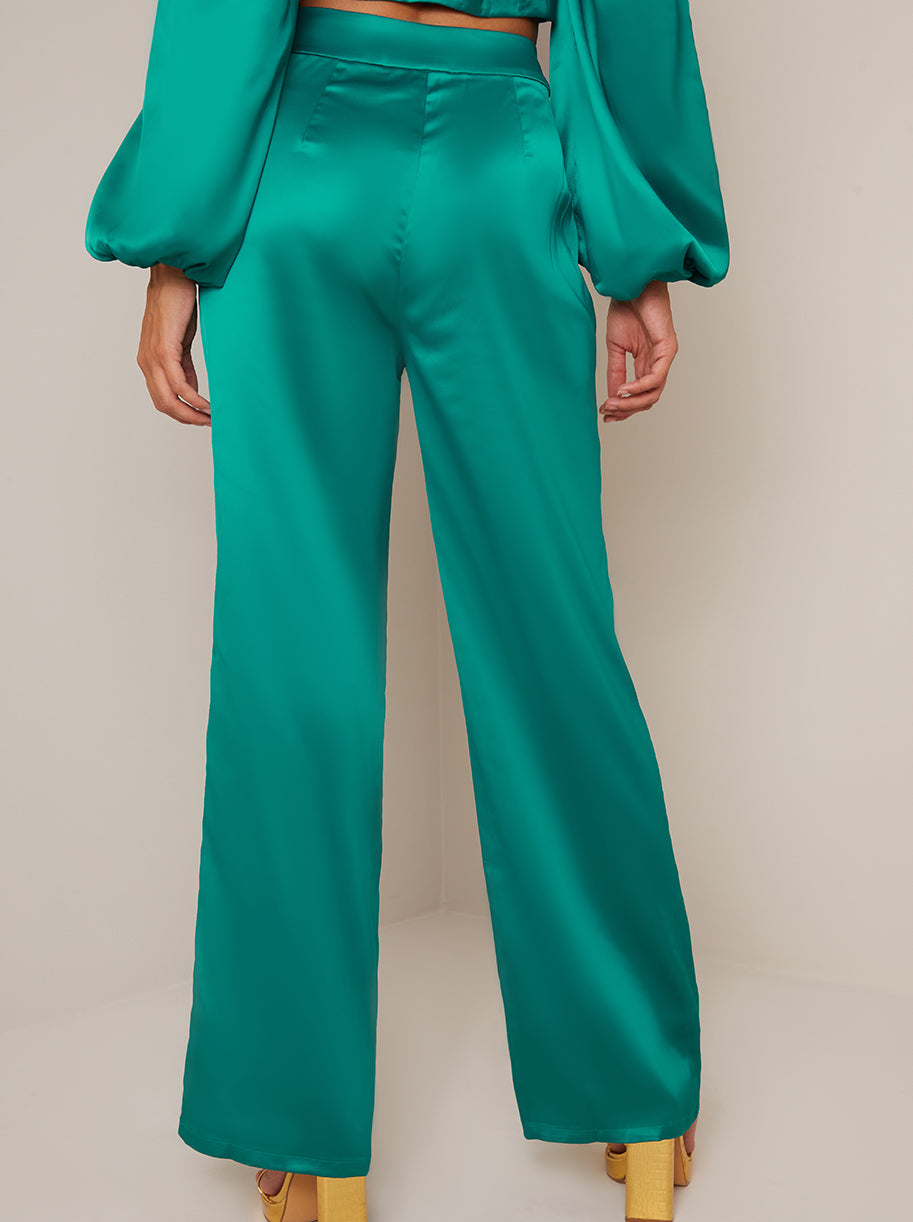Satin Wide Leg Trousers in Green