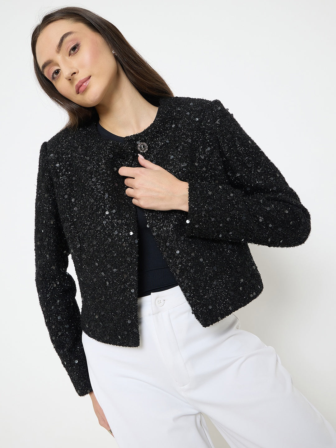 madame Round Neck Tweed Black Blazer