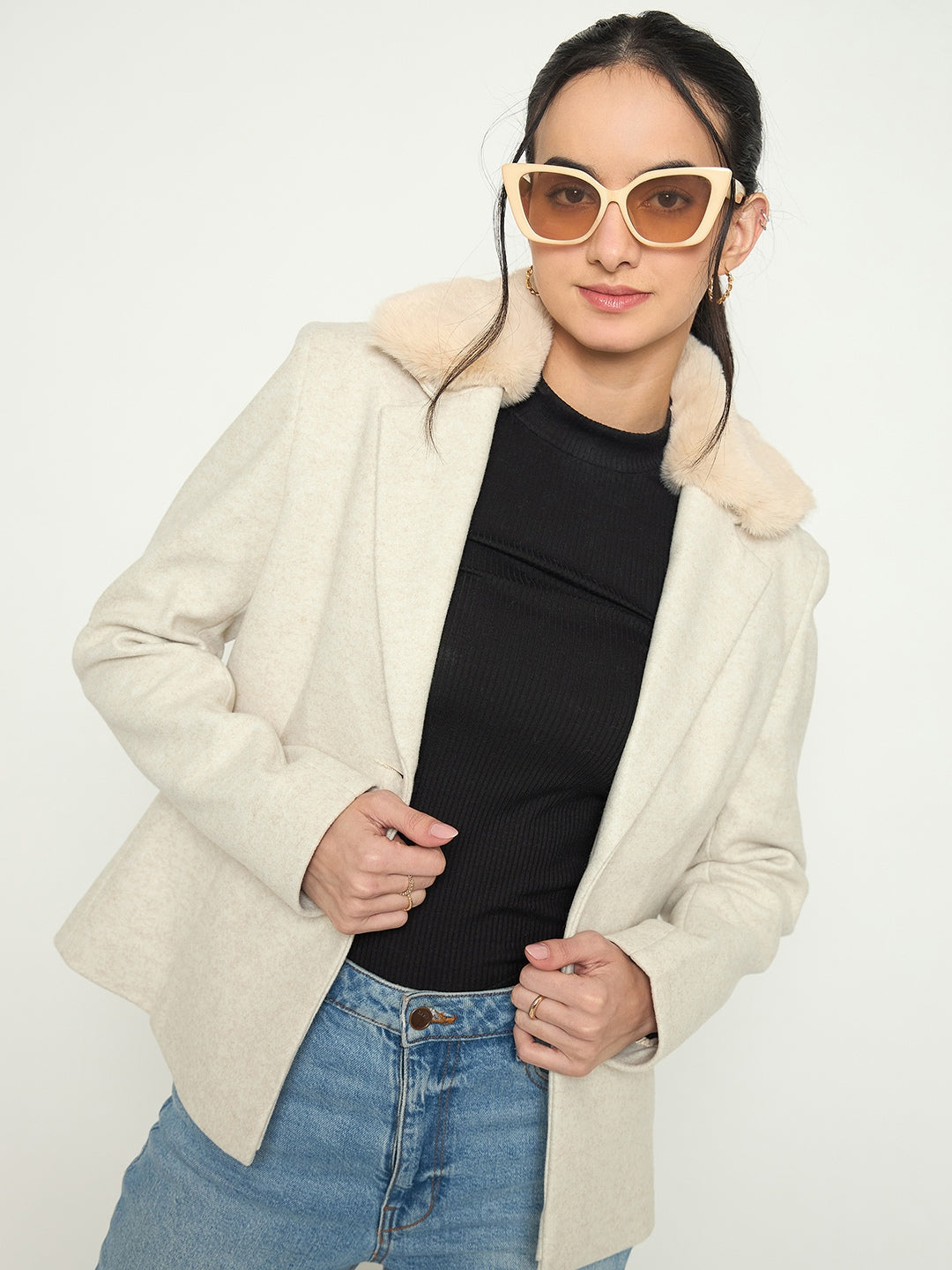 Madame Faux Fur Lapel Notch Collar Beige Blazer