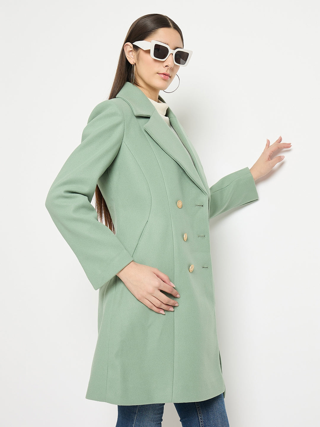 Madame Lapel Notch Collar Green Long Coat
