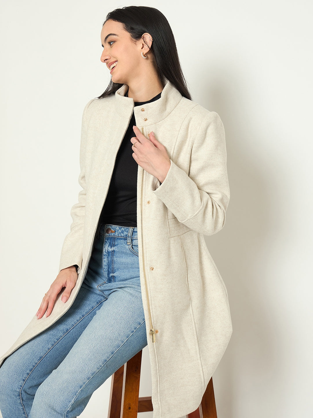 Madame Stand Collar Beige Long Coat