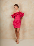Ruffle Bardot Satin Mini Dress in Pink