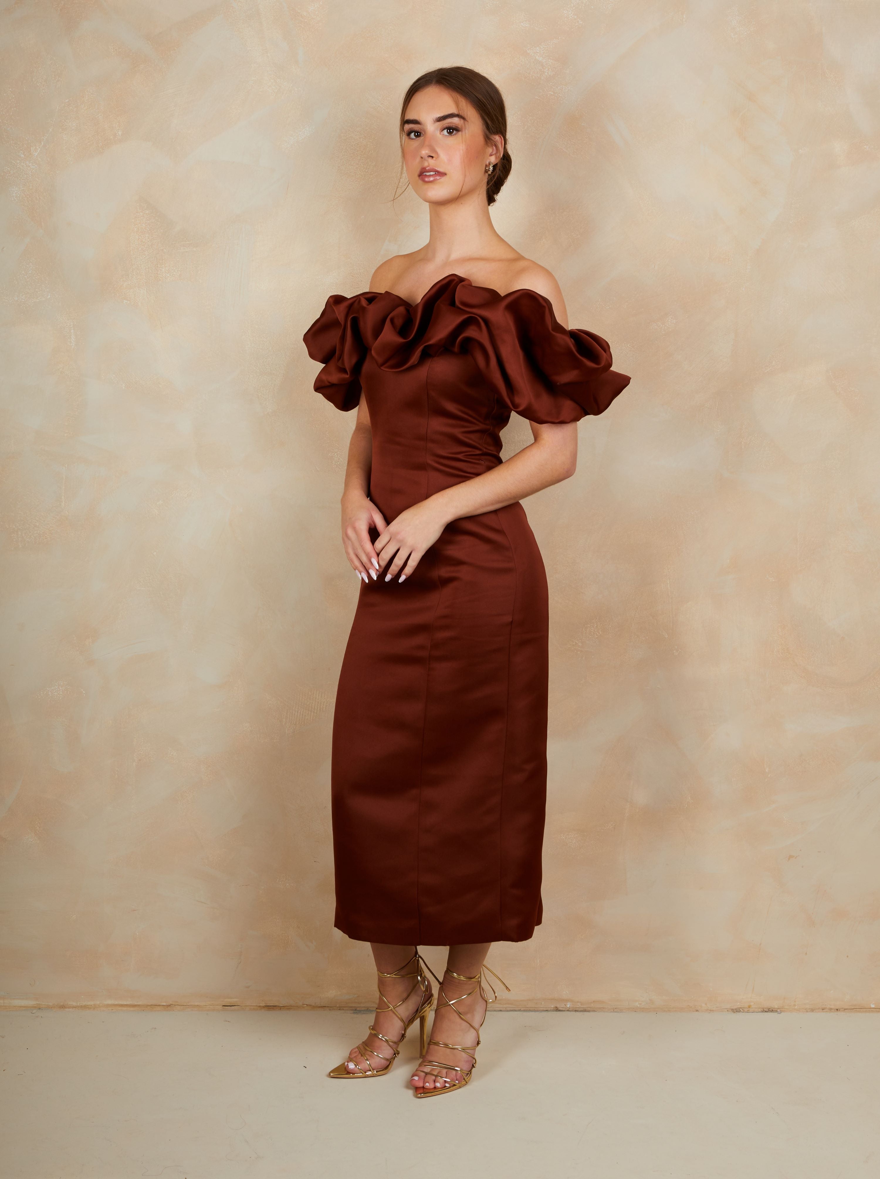 Ruffle Bardot Satin Midi Dress in Chocolate