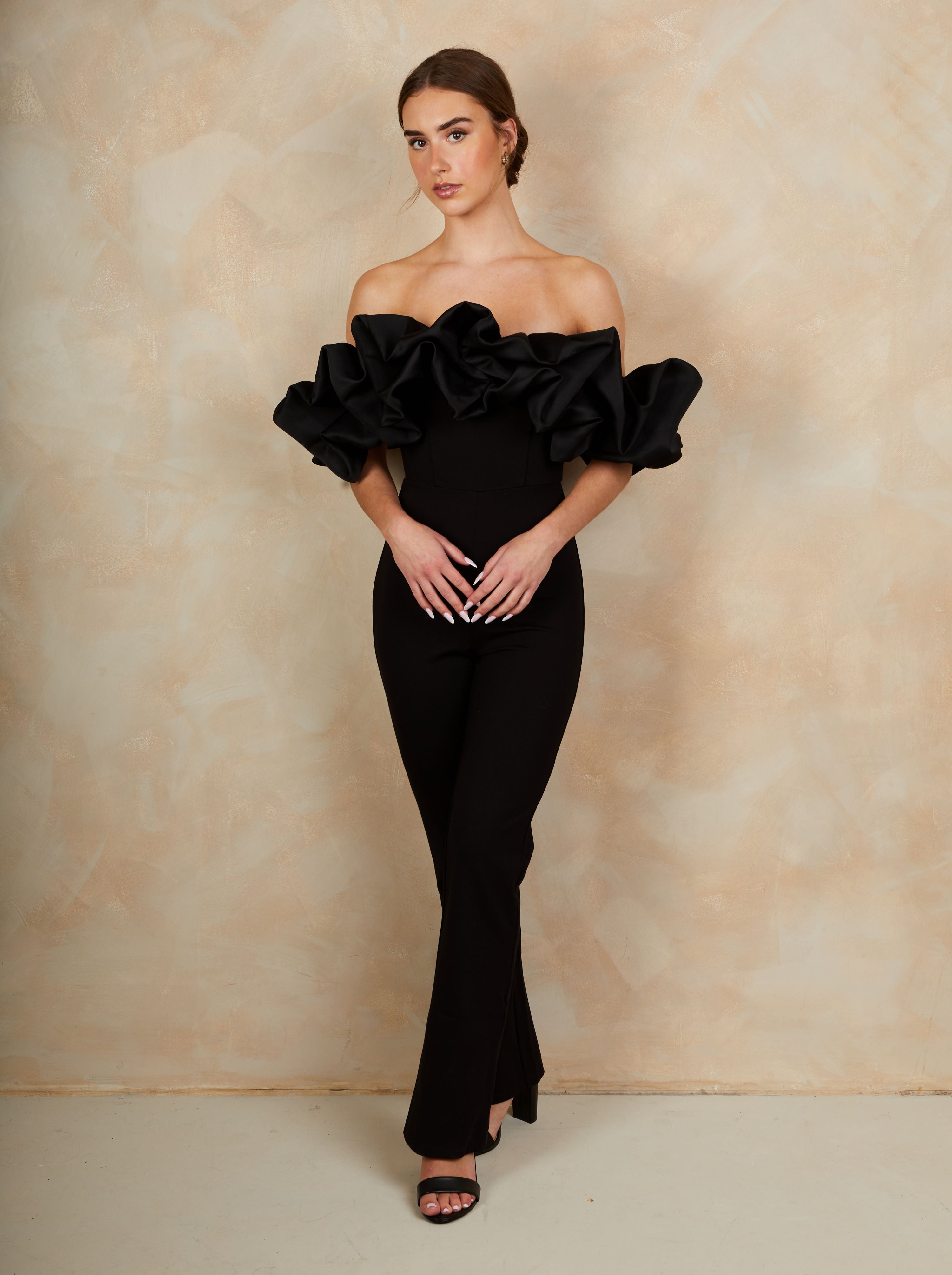 Ruffle Bardot Jumpsuit in Black
