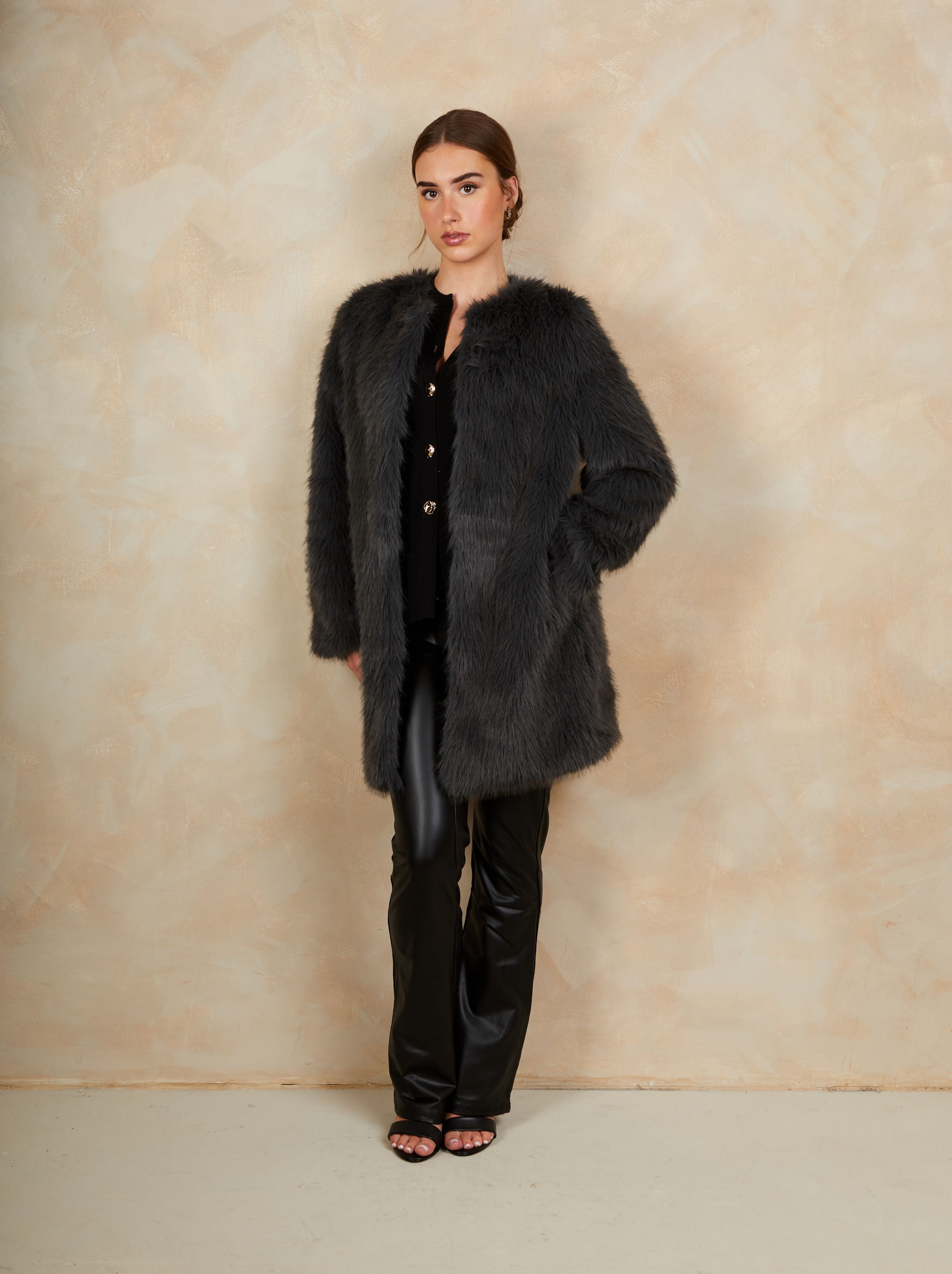 Shaggy Faux Fur Coat in Grey