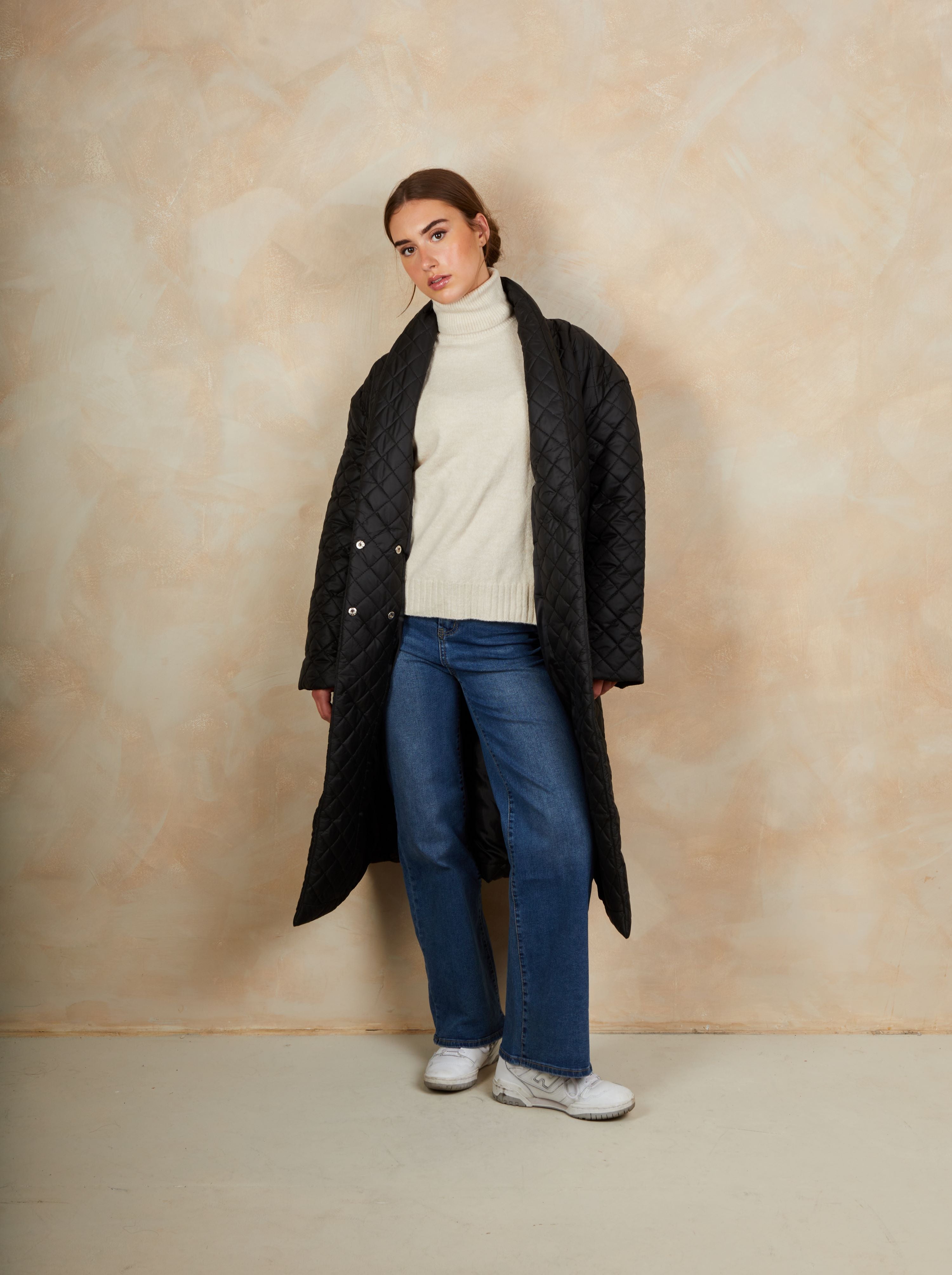 Diamond Quilted Longline Belted Coat in Black