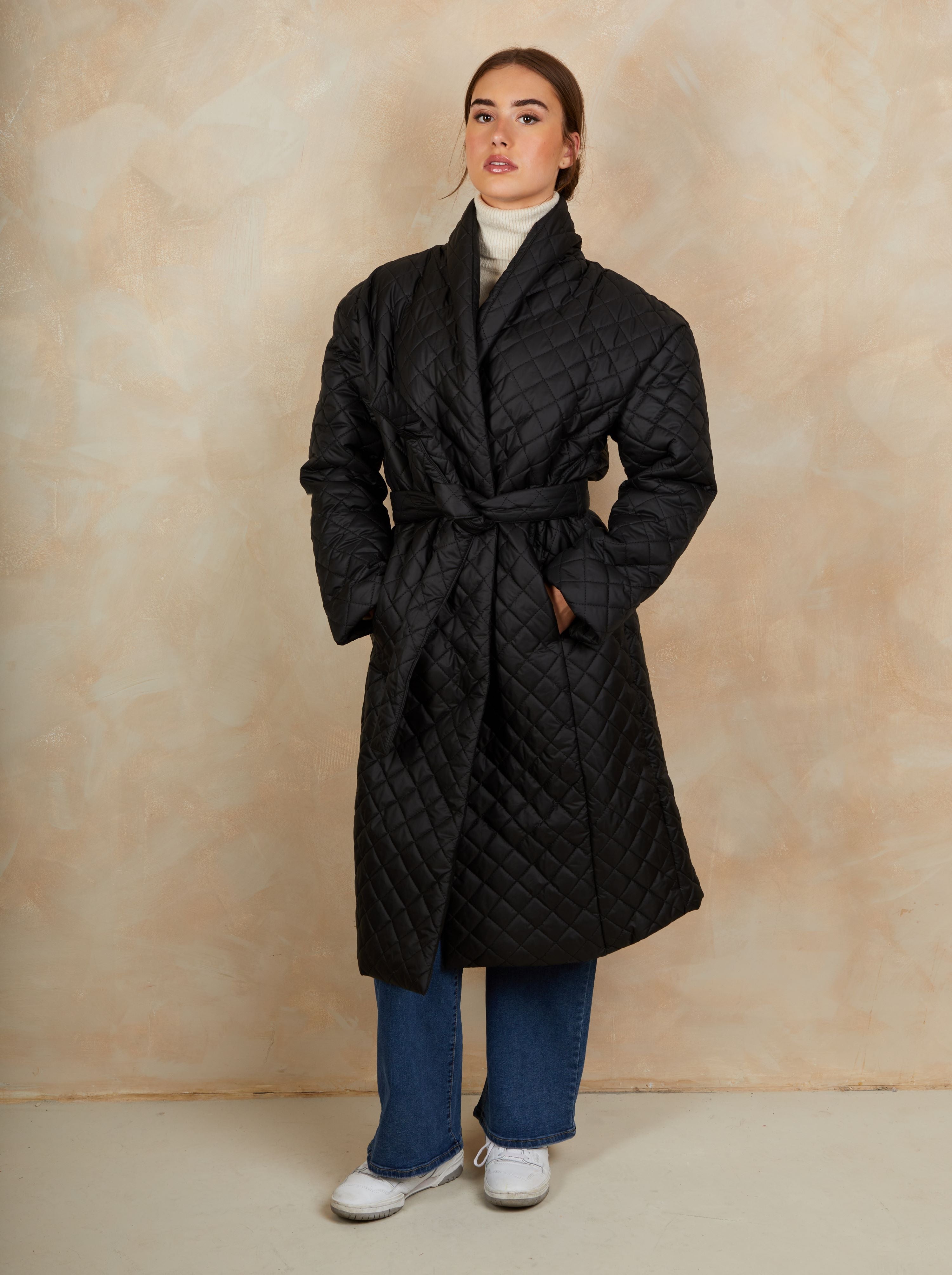 Diamond Quilted Longline Belted Coat in Black