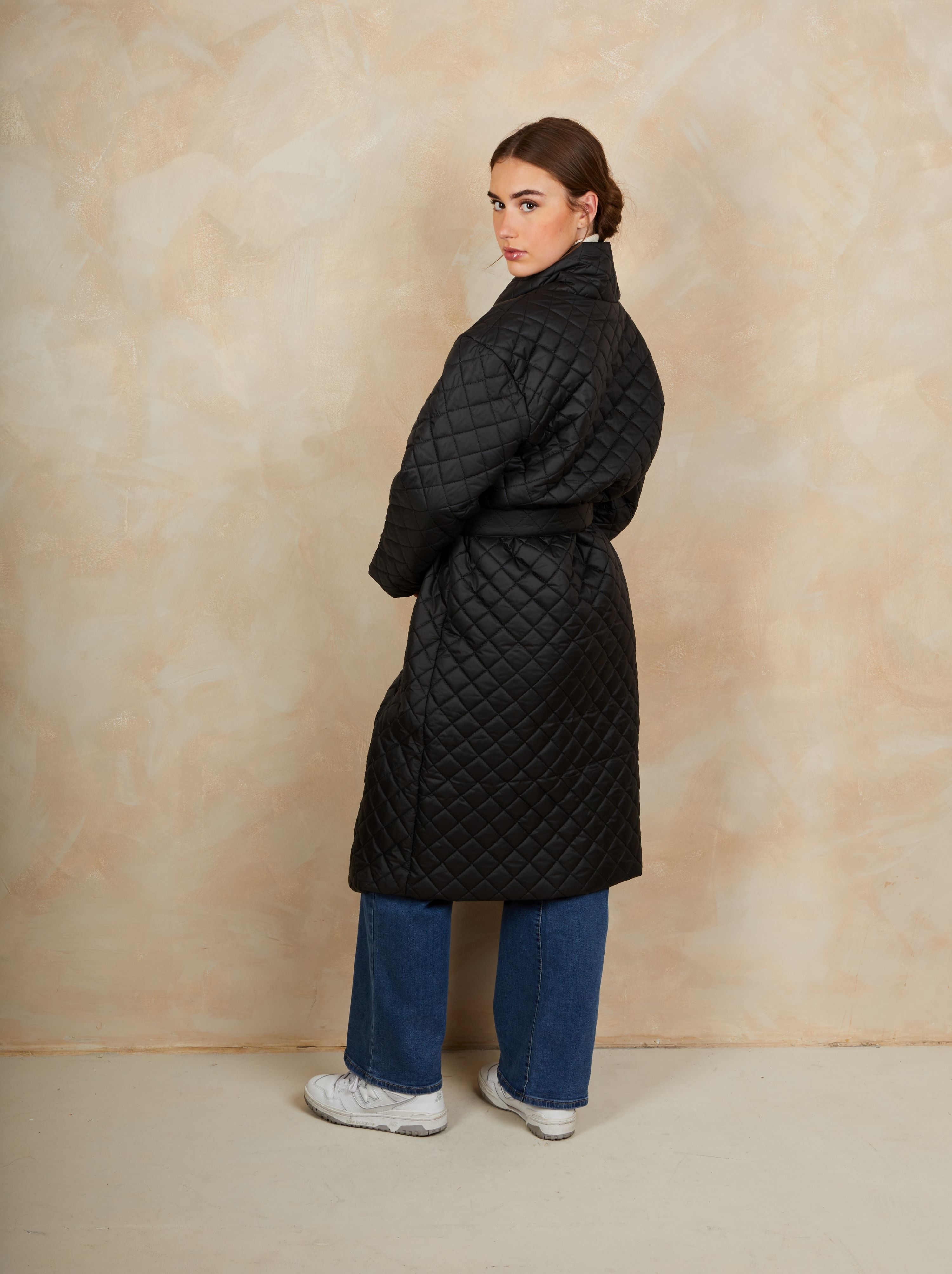 Diamond Quilted Longline Belted Coat in Black