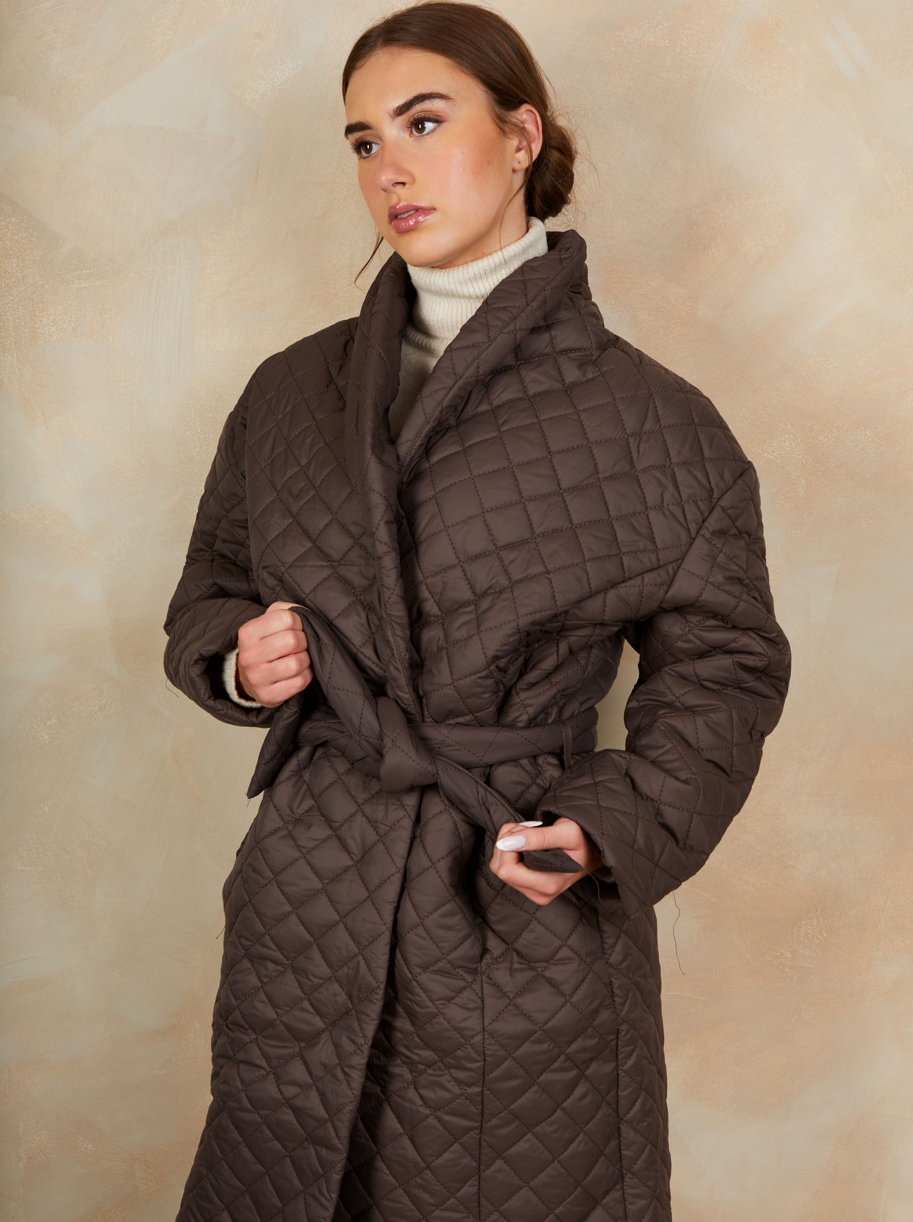 Diamond Quilted Longline Belted Coat in Chocolate