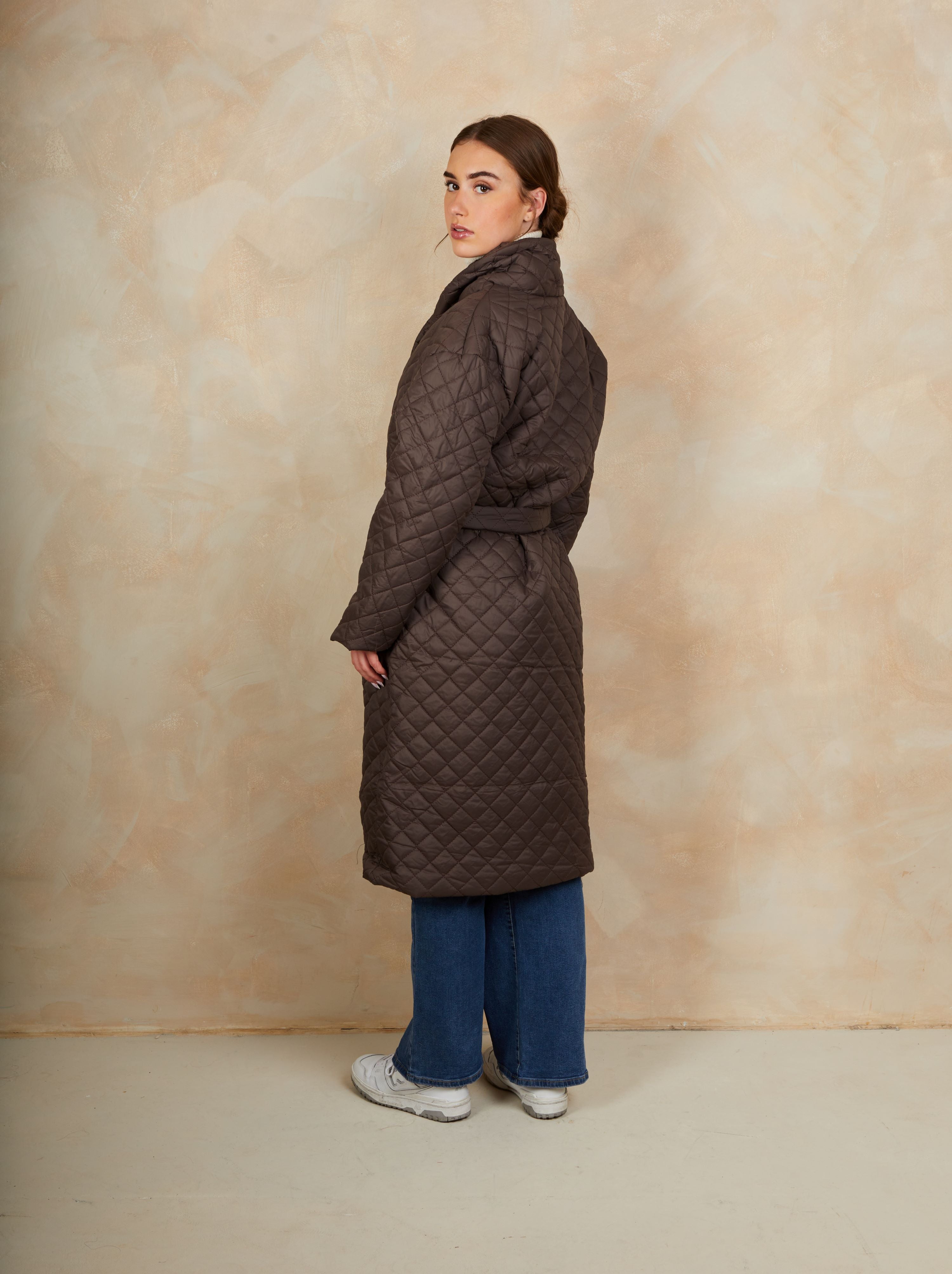 Diamond Quilted Longline Belted Coat in Chocolate
