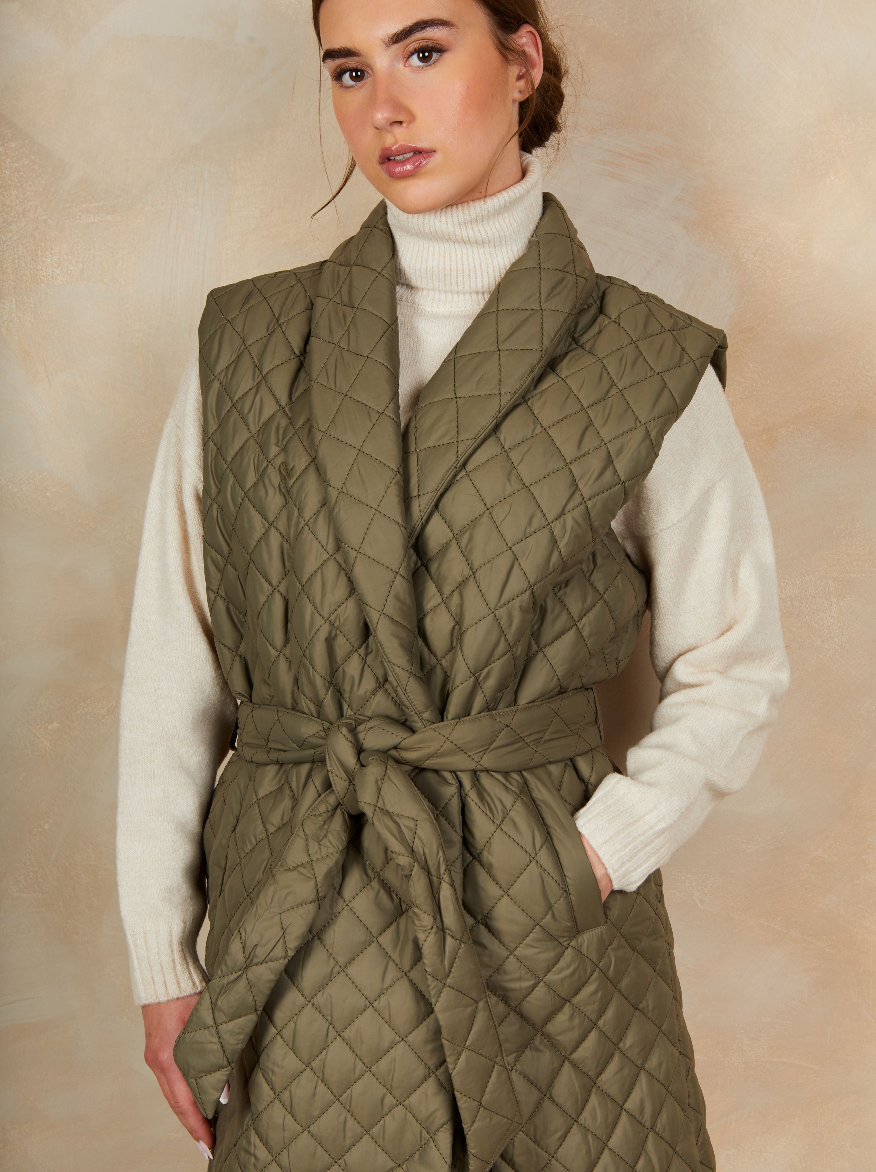 Diamond Quilted Longline Belted Gilet in Khaki