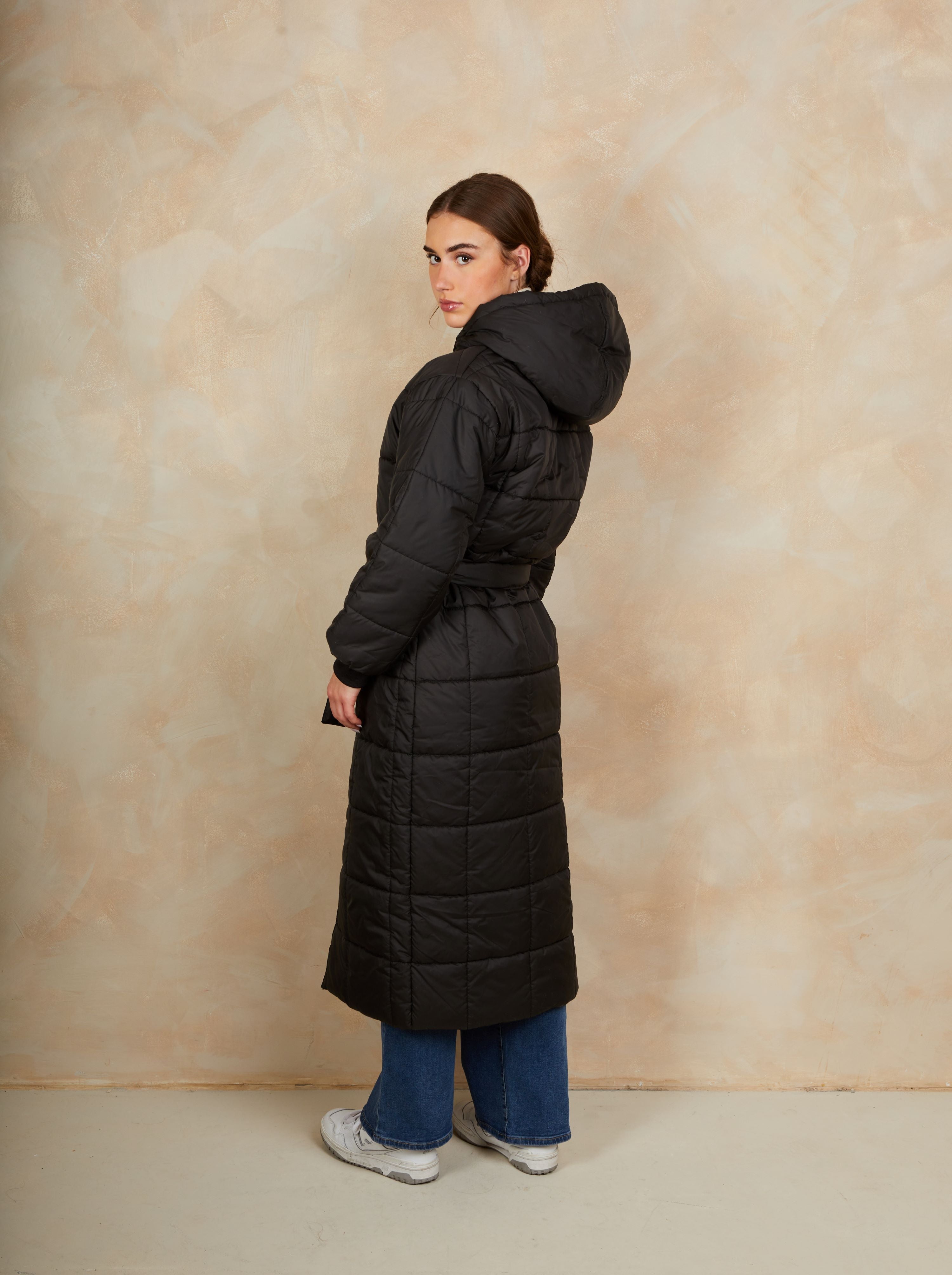 Check Padded Longline Belted Coat in Black