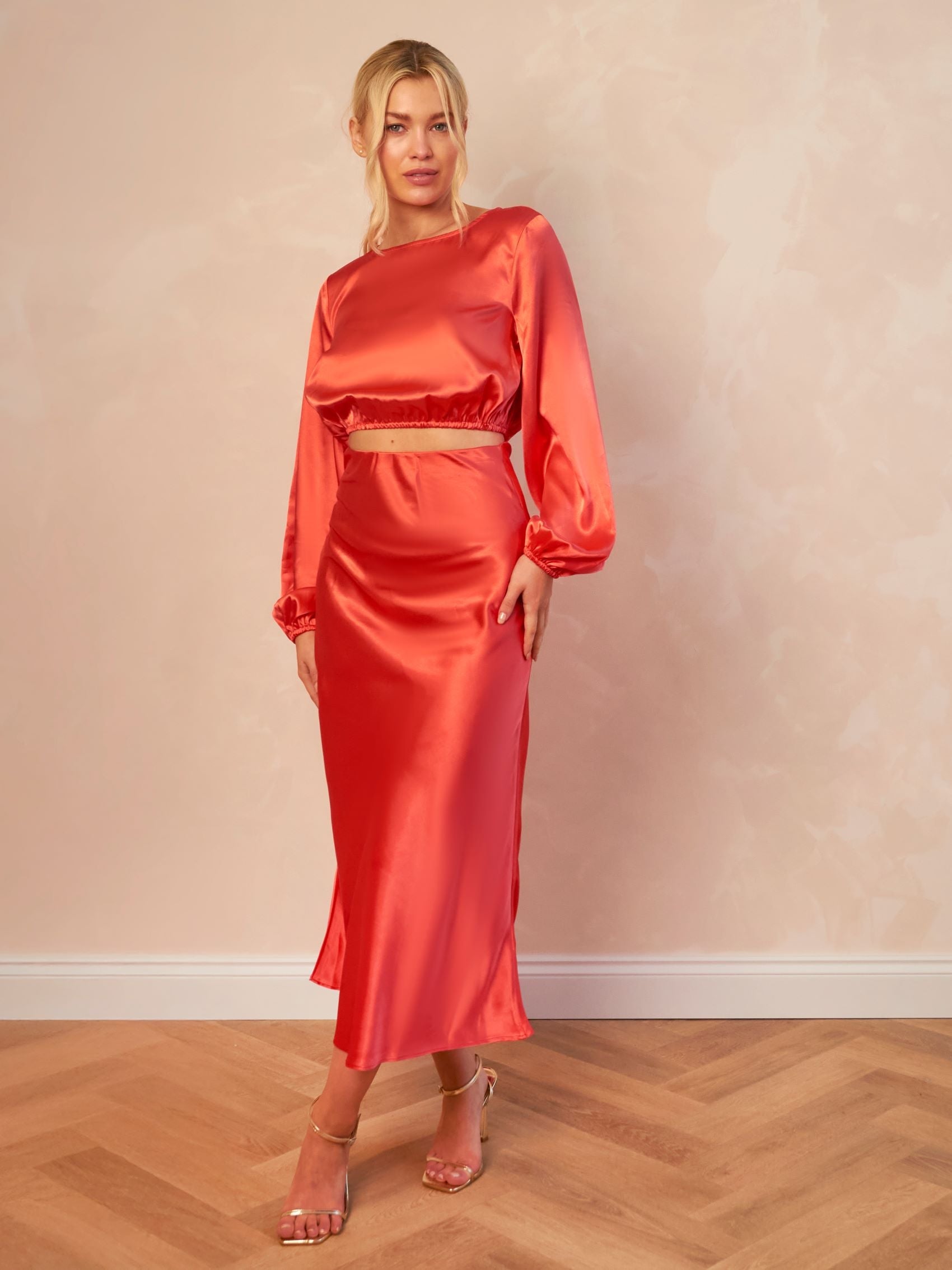Satin Midi Slip Skirt in Red