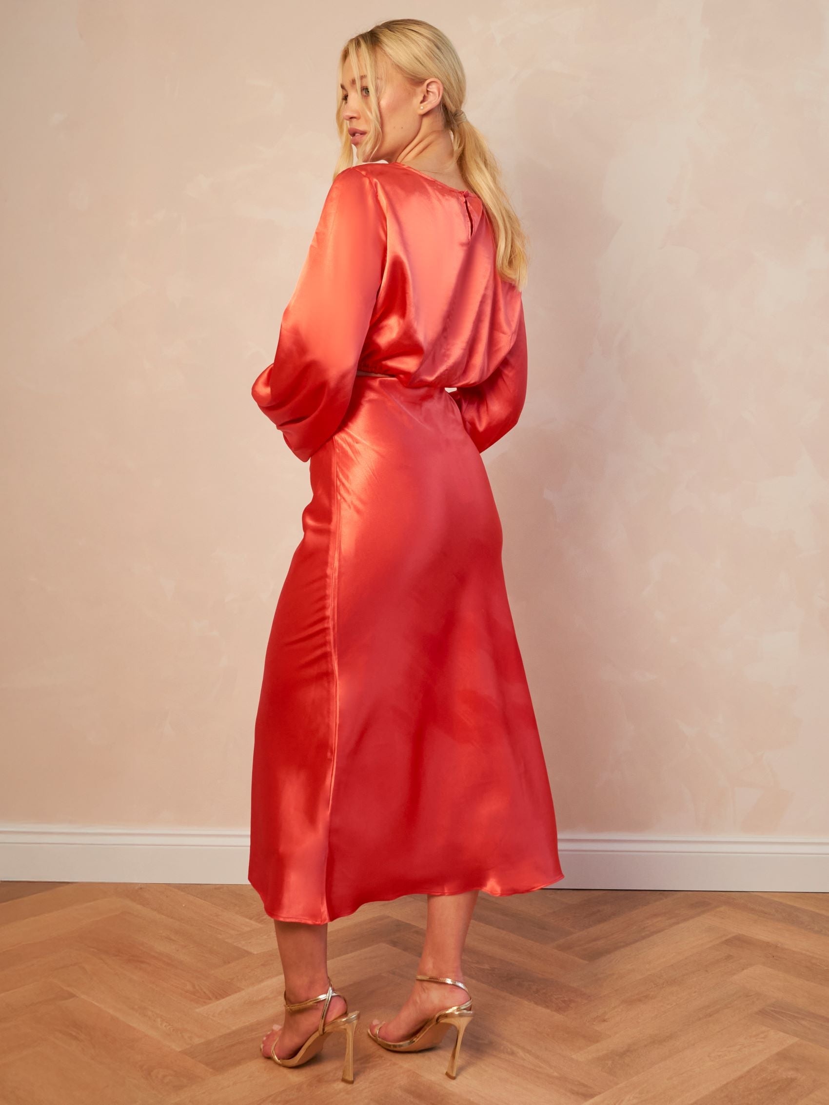 Satin Midi Slip Skirt in Red