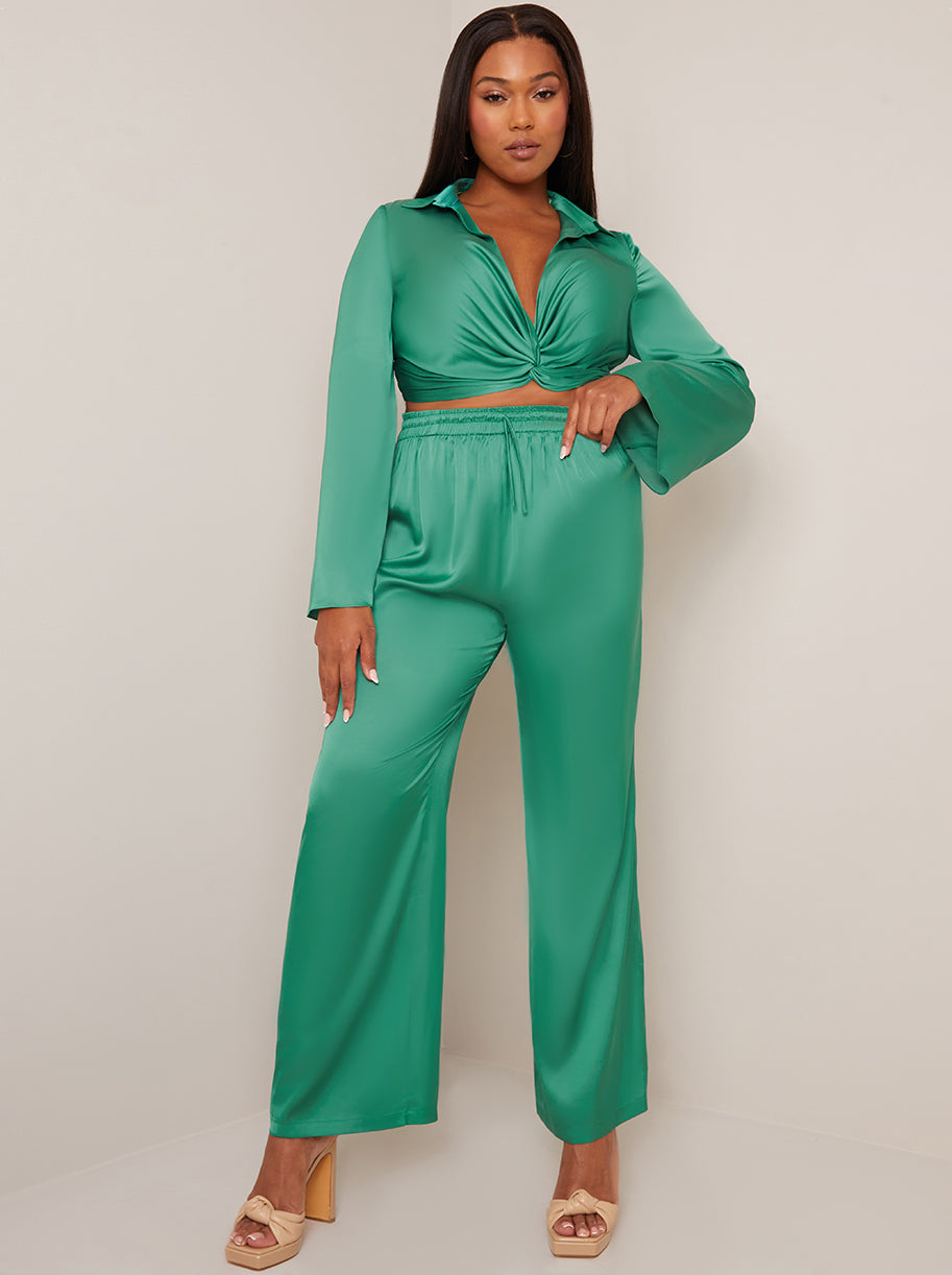 Satin Wide Leg Elasticated Waist Trousers in Green