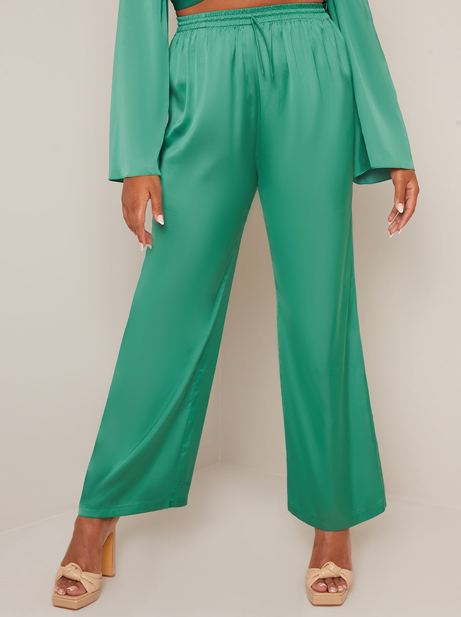 Satin Wide Leg Elasticated Waist Trousers in Green