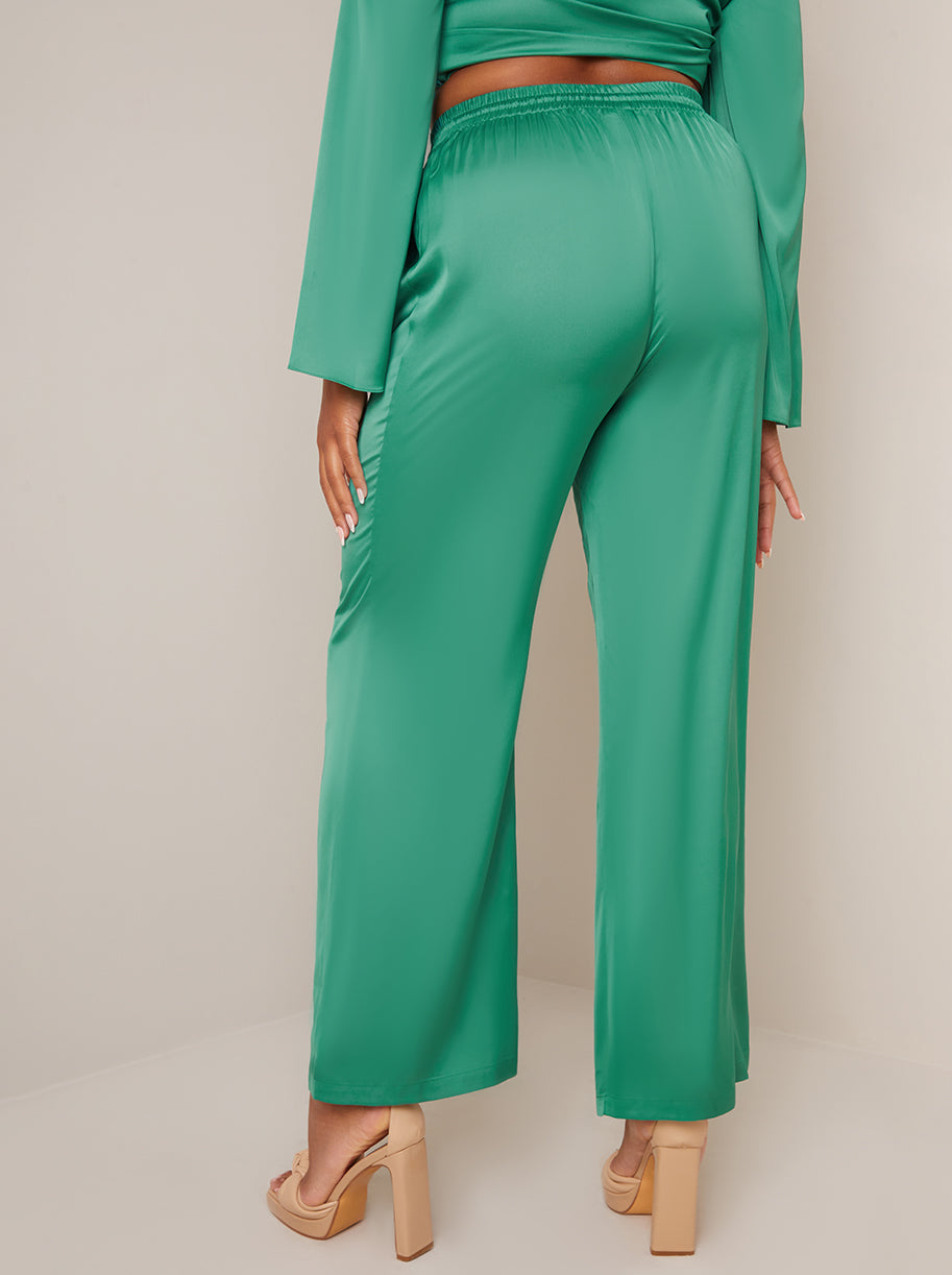 Satin Wide Leg Elasticated Waist Trousers in Green