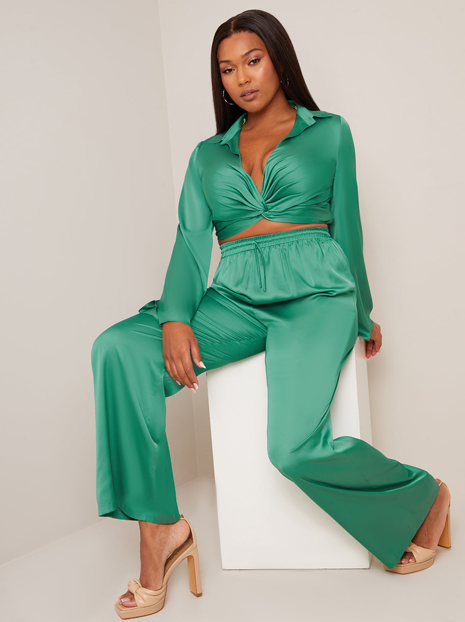 Satin Wide Leg Elasticated Waist Trousers in Green