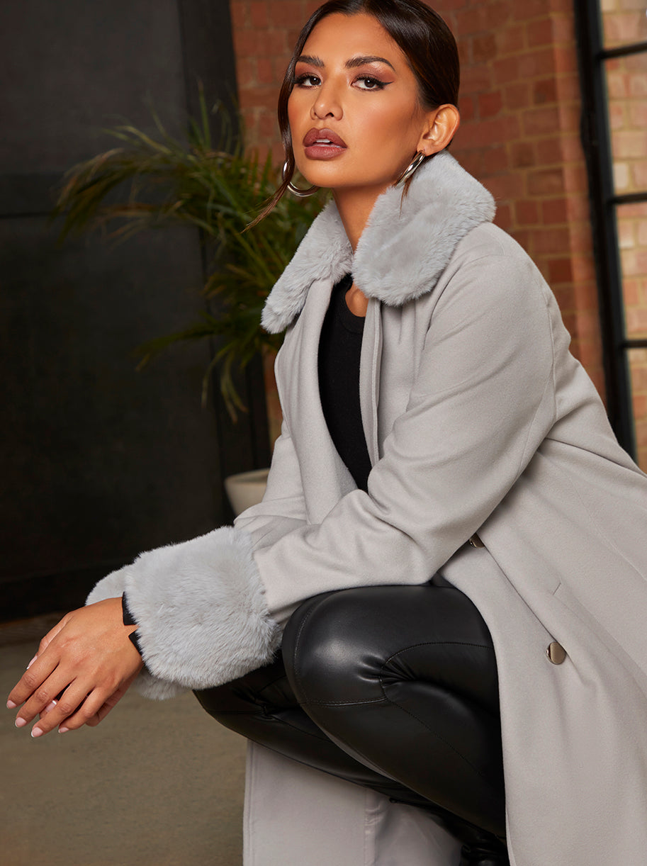 Double Breated Faux Fur Trim Coat in Grey
