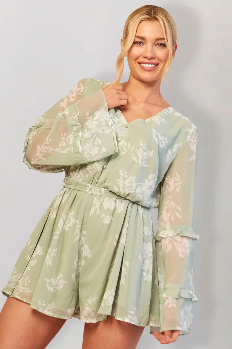 In The Style Floral Print Floaty Playsuit in Sage