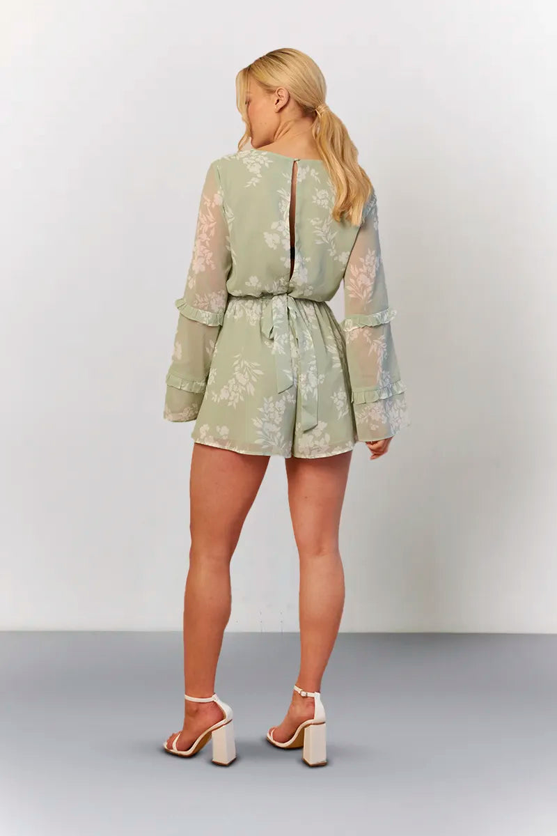 In The Style Floral Print Floaty Playsuit in Sage