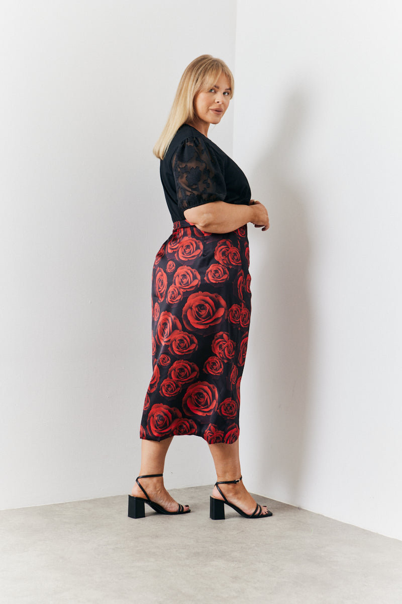 Wrap Front Rose Midi Skirt