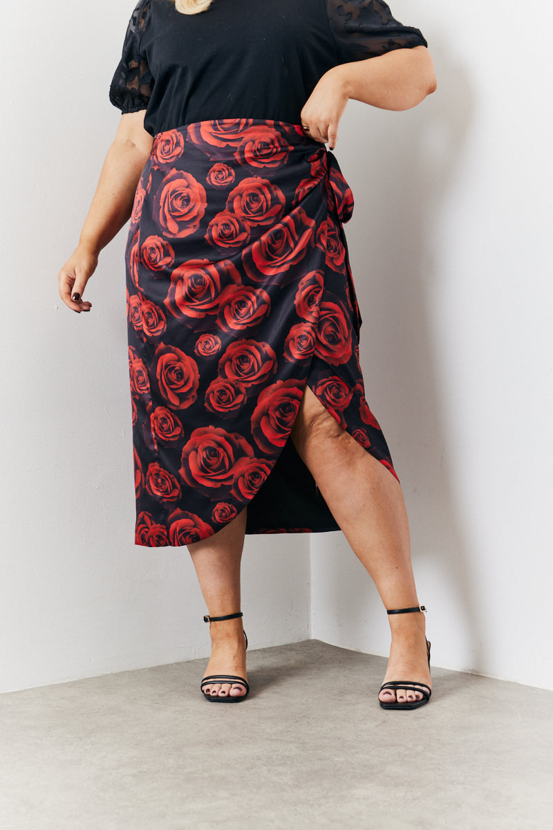 Wrap Front Rose Midi Skirt
