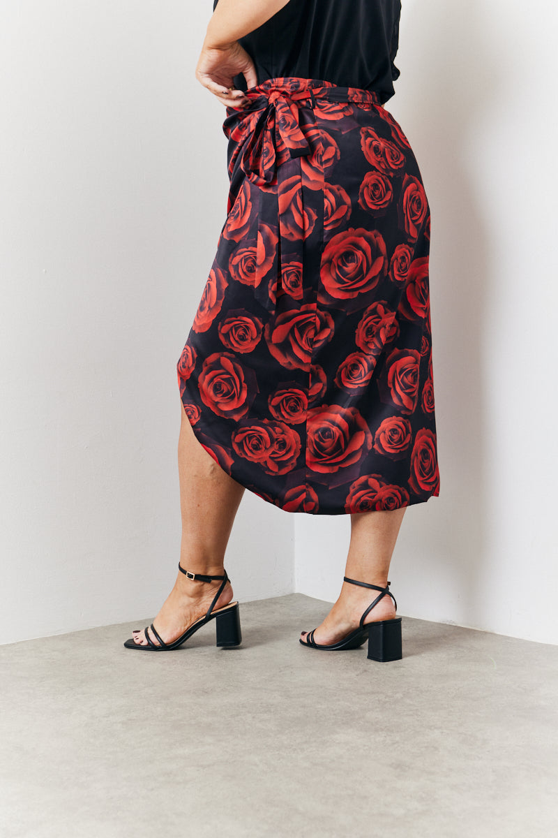 Wrap Front Rose Midi Skirt