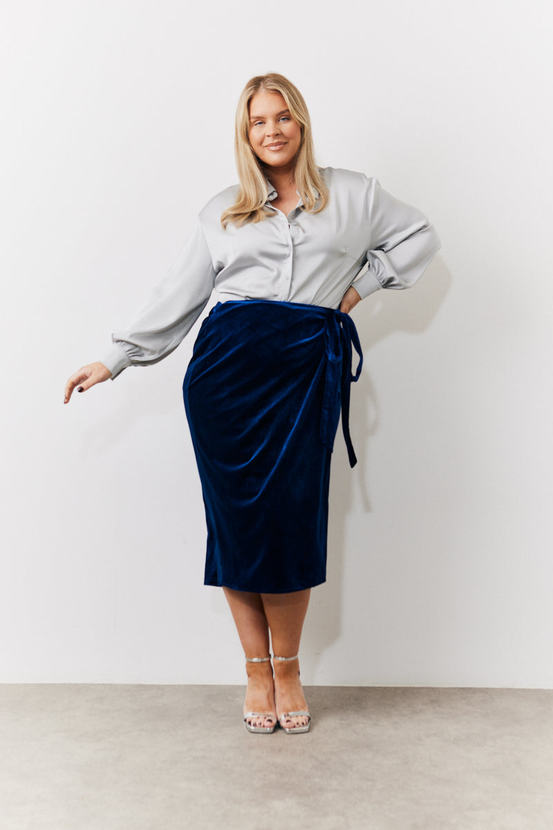 Navy Velvet Wrap Midi Skirt