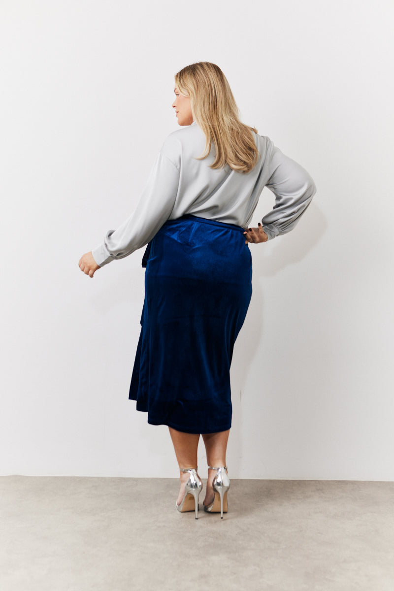 Navy Velvet Wrap Midi Skirt