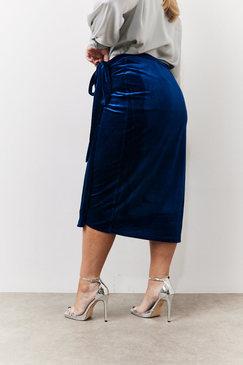 Navy Velvet Wrap Midi Skirt