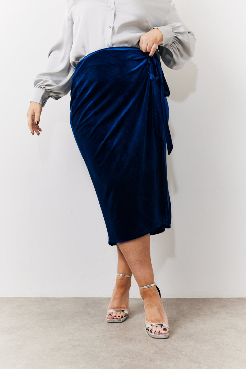 Navy Velvet Wrap Midi Skirt