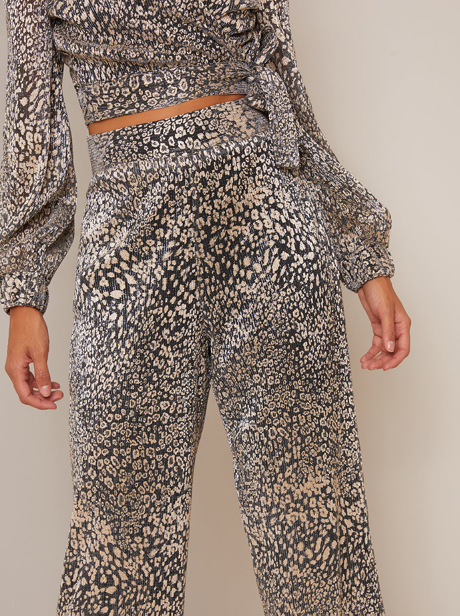 Animal Print Wide Leg Trousers in Gold
