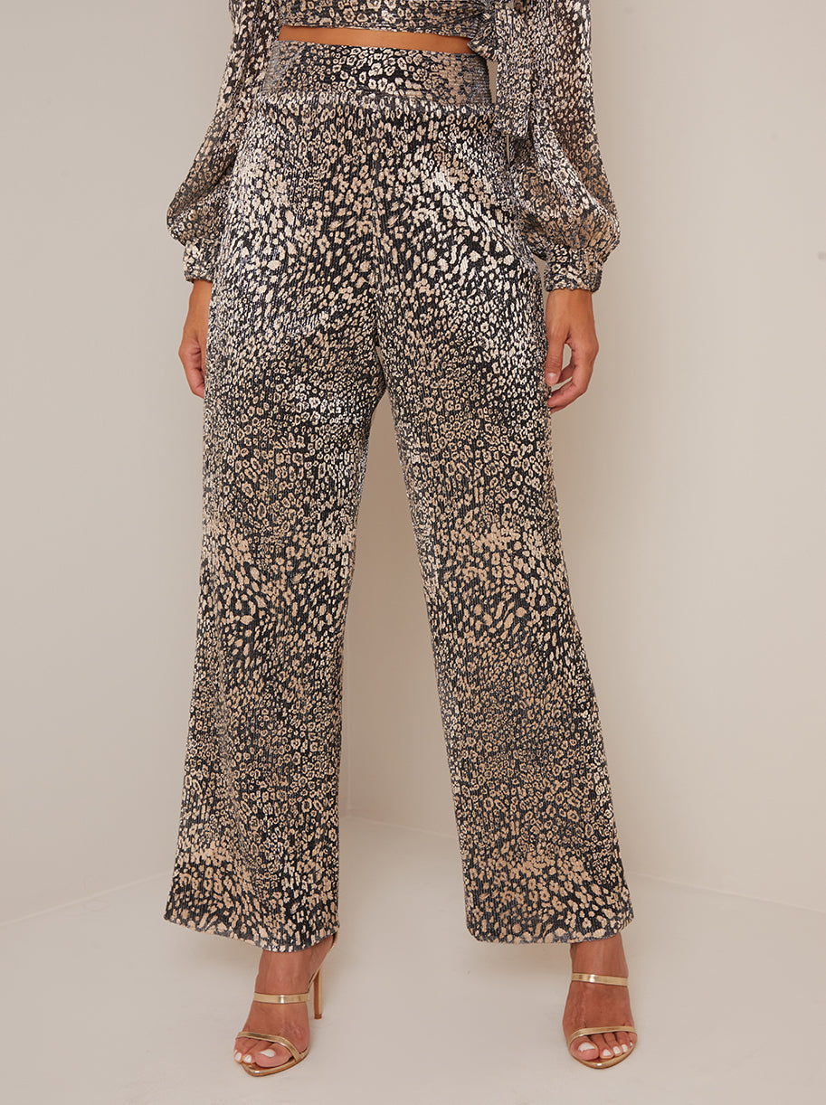 Animal Print Wide Leg Trousers in Gold