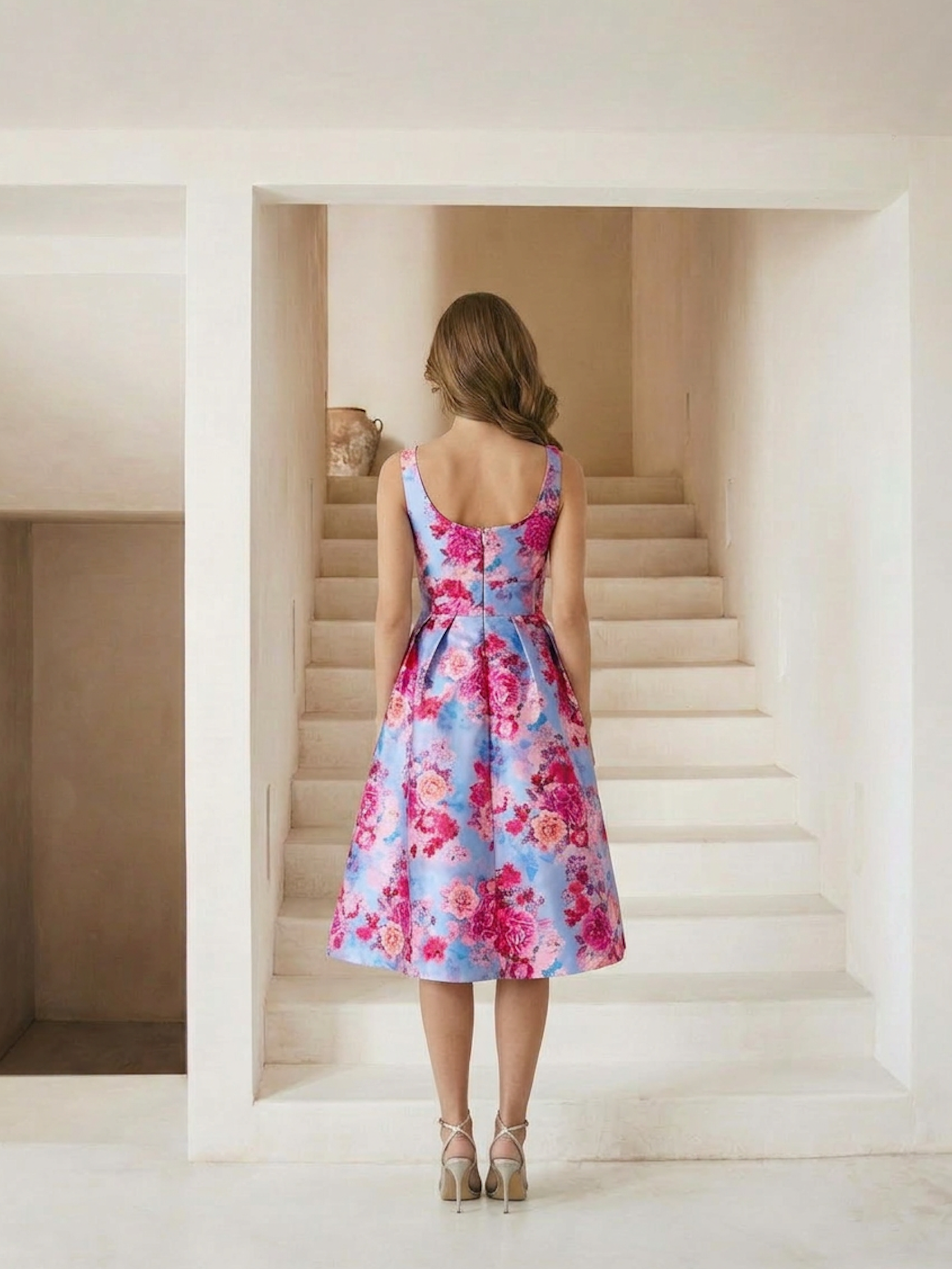 Sleeveless Floral Fit and Flare Midi Dress in Blue